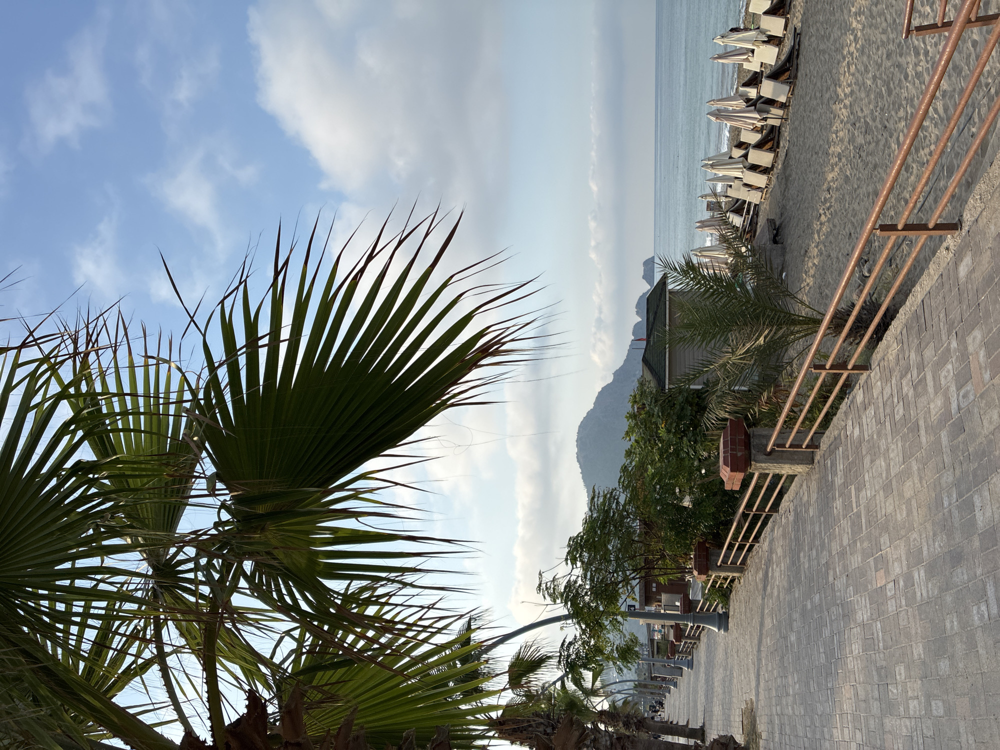 The image depicts a beach promenade in Alanya, Turkey, on a clear day with scattered clouds. In the foreground, a palm frond hangs over a wide, brick-paved walkway. A brown railing separates the walkway from a sandy beach on the right, which is lined with rows of empty lounge chairs and closed umbrellas. The sea stretches to the horizon, meeting a hazy sky. In the background, a green-roofed building is visible, and further beyond, a lush, green mountain range rises. Several palm trees and other greenery are present along the promenade and near the beach. The overall scene suggests a tranquil, early morning or late afternoon atmosphere.