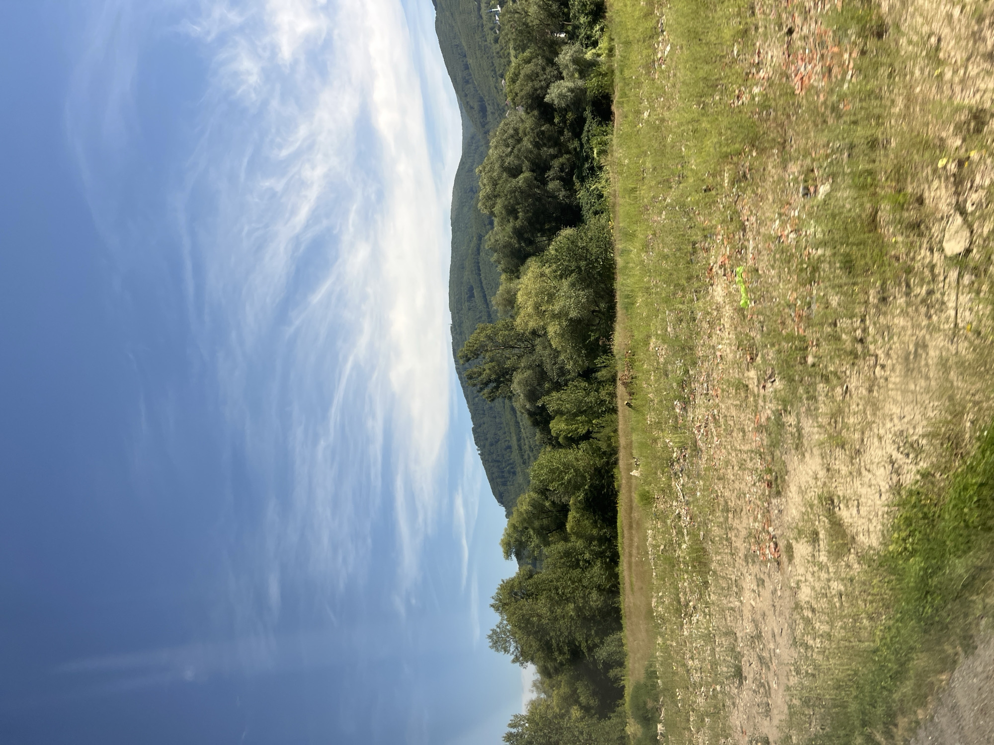 The image depicts a rural landscape in Suskovo, Ukraine, characterized by rolling green hills covered in dense trees, likely deciduous, under a bright blue sky with wispy white clouds. In the foreground, a field of dry, patchy grass and dirt is visible, with scattered reddish-brown debris that could be remnants of construction or waste. The lighting suggests it is daytime, likely mid-morning or afternoon, with the sun casting a soft light on the scene. There are no people or animals immediately apparent in the image. The overall impression is one of a natural, somewhat unkempt environment.