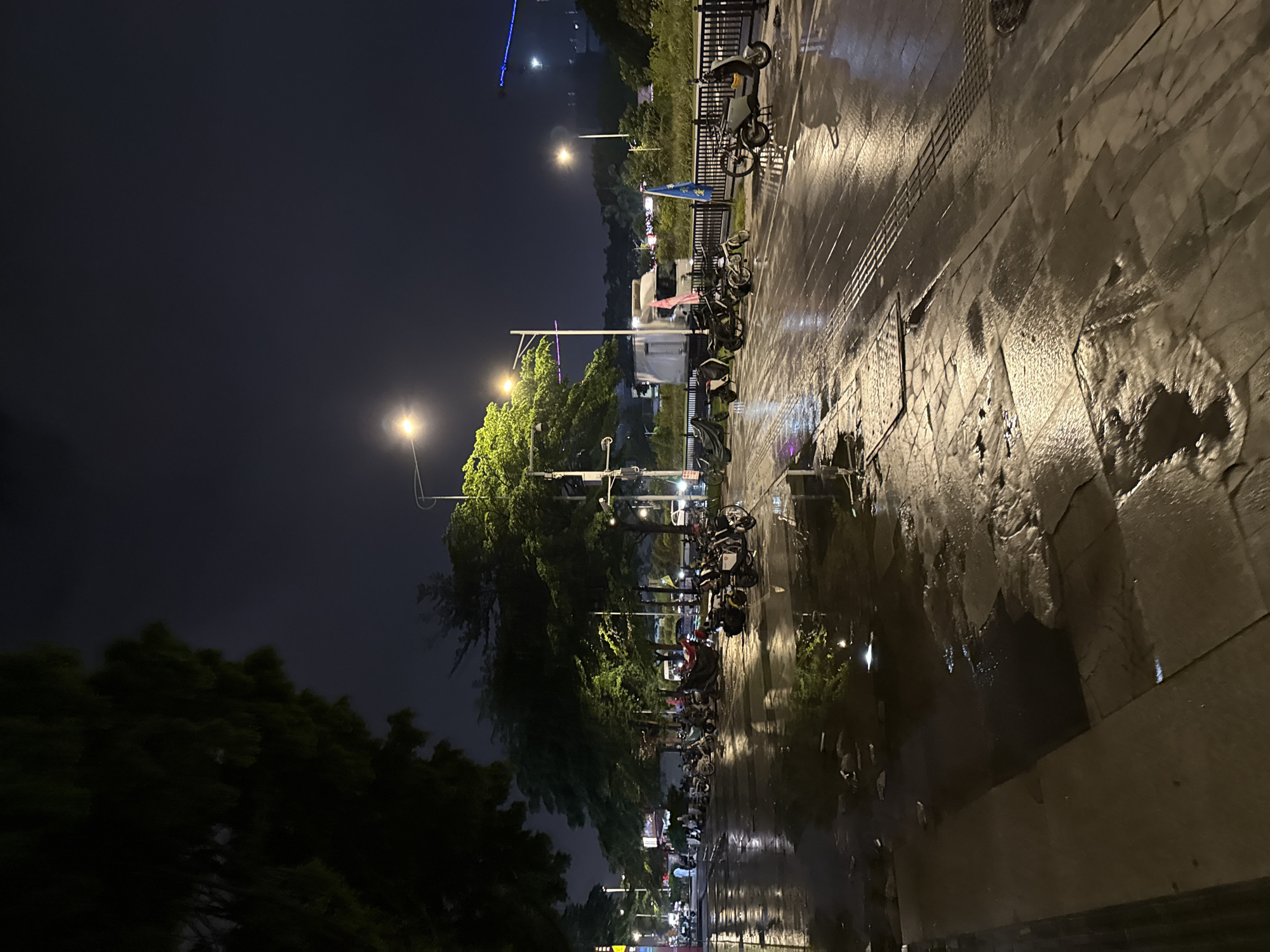 The image depicts a dimly lit street scene at night in Haizhu District, China. The ground is wet and reflective, with numerous puddles indicating recent rain. A row of trees lines the street, their leaves illuminated by streetlights. Parked along the sidewalk are several motorcycles and scooters, some covered with tarps. In the background, a large white truck is visible, along with other vehicles and buildings. The overall atmosphere is quiet and serene, with the absence of significant human activity.