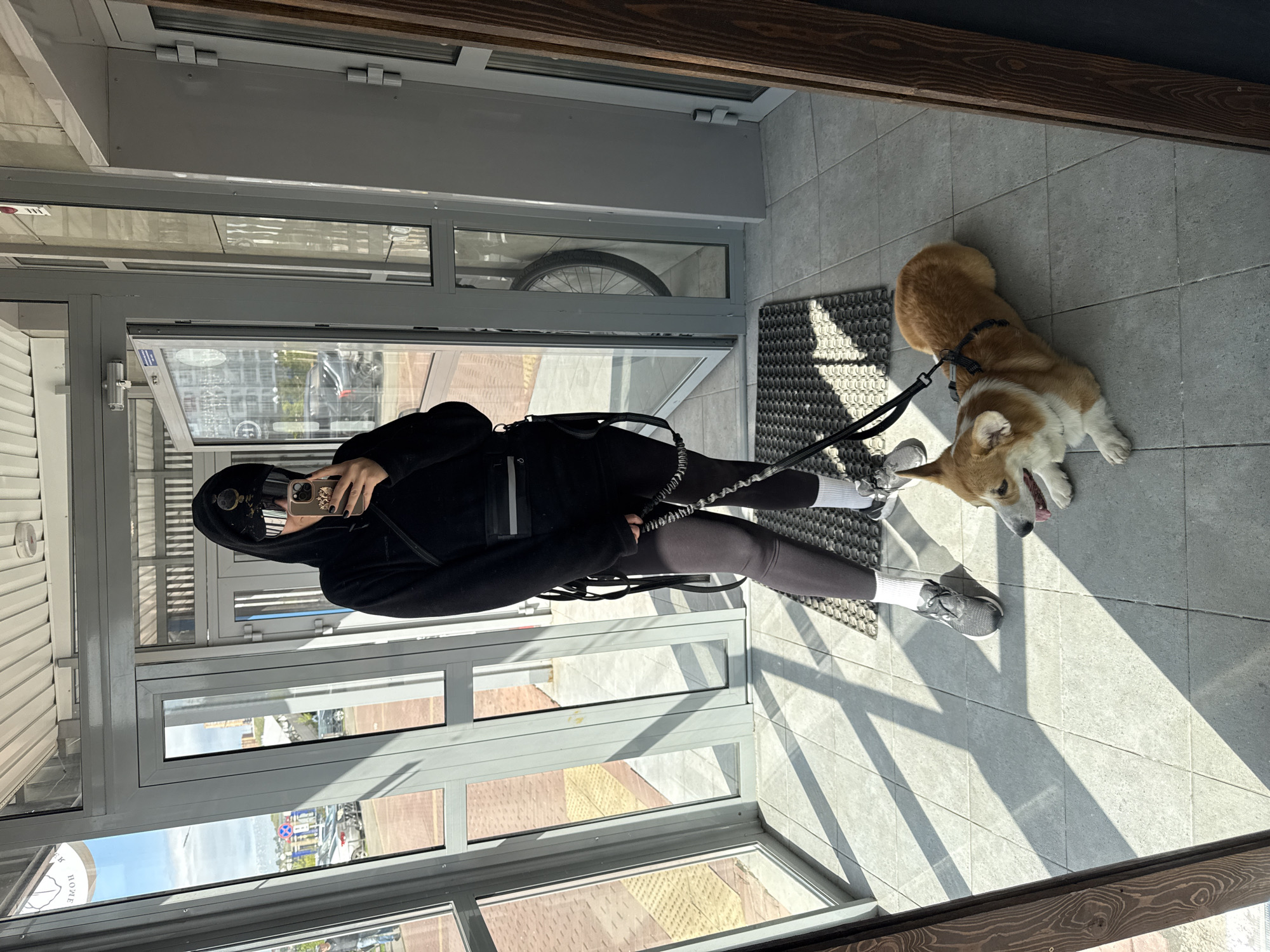 A person dressed in black, with their face partially obscured by the hood and a phone covering their face, stands inside a building entrance, holding a corgi dog on a leash. The dog is lying on the grey tiled floor, with a black mat nearby. The building has large windows and glass doors, with glimpses of the outside, possibly a street scene with buildings and signage. A bicycle wheel can be seen through the windows. The photo was likely taken in Krasnoyarsk, Russia.