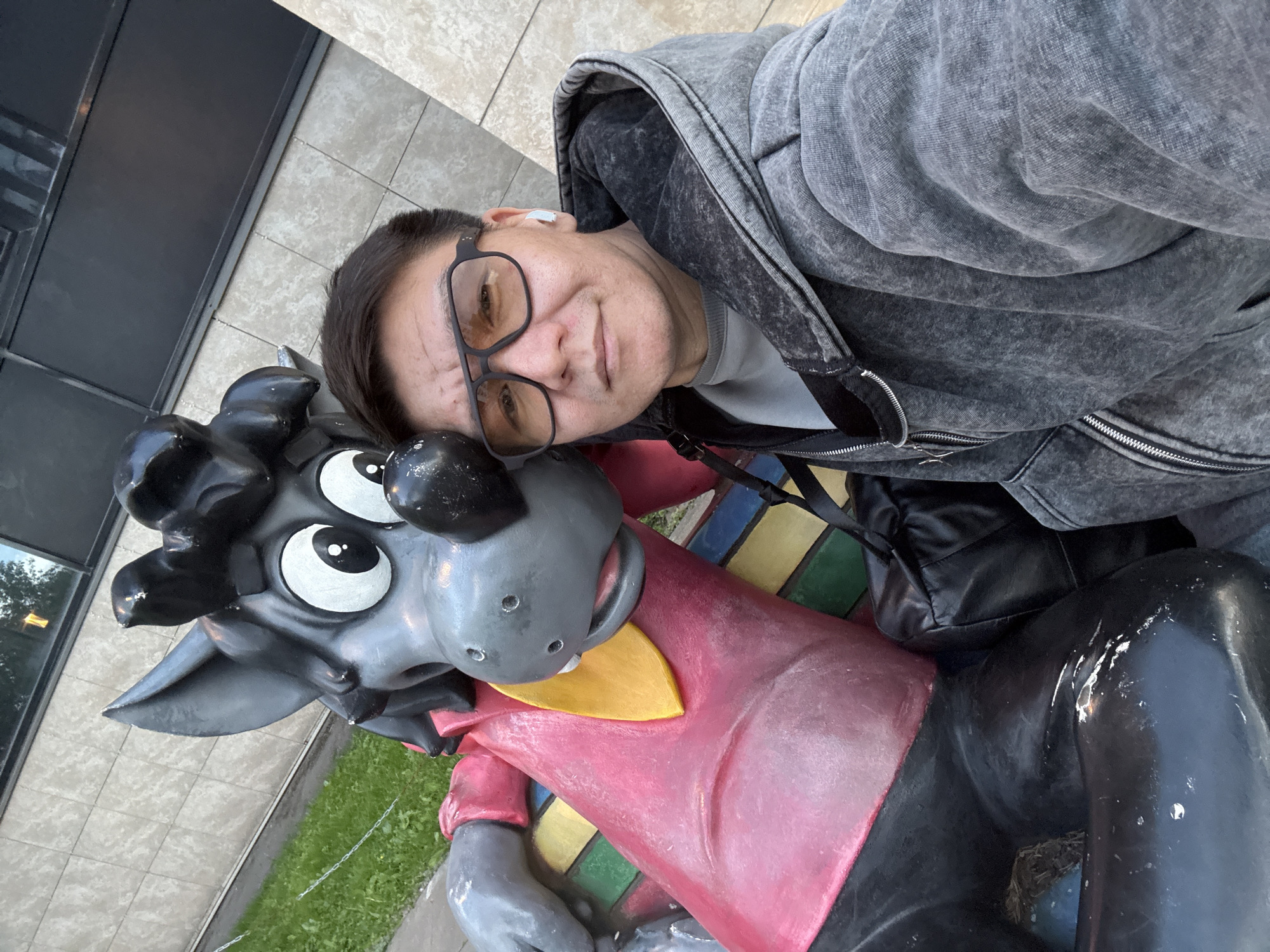 An adult individual is captured in a selfie, leaning their head affectionately against a prominent statue outdoors in Moscow, Russia. The person, who appears to be male, wears a dark grey hooded sweatshirt over a lighter grey top, black-framed glasses, and a white earbud in their right ear. They have short dark hair and a relaxed expression with a faint smile, looking directly at the camera.
The statue is a depiction of a wolf-like cartoon character, strongly resembling Volk (Wolf) from the famous Soviet/Russian animated series "Nu, pogodi!". The statue is predominantly grey with black details for its hair, snout, and thick eyebrows. It features large, expressive white eyes with black pupils. The character is dressed in a red or pink long-sleeved shirt with a bright yellow triangular scarf or bandana around its neck, and black pants. The statue appears to be seated on a colorful bench or pedestal that features vertical stripes in various hues like blue, yellow, green, and red.
The setting is an urban outdoor area. The ground beneath the subjects is paved with light-colored square tiles. In the background, to the left, a dark building facade or window is visible. A strip of green grass can be seen to the right of the statue, suggesting a park-like or landscaped environment near a building. The lighting is natural, indicating daytime, possibly an overcast day or late afternoon given the soft, diffused light. There is no visible text in the image.