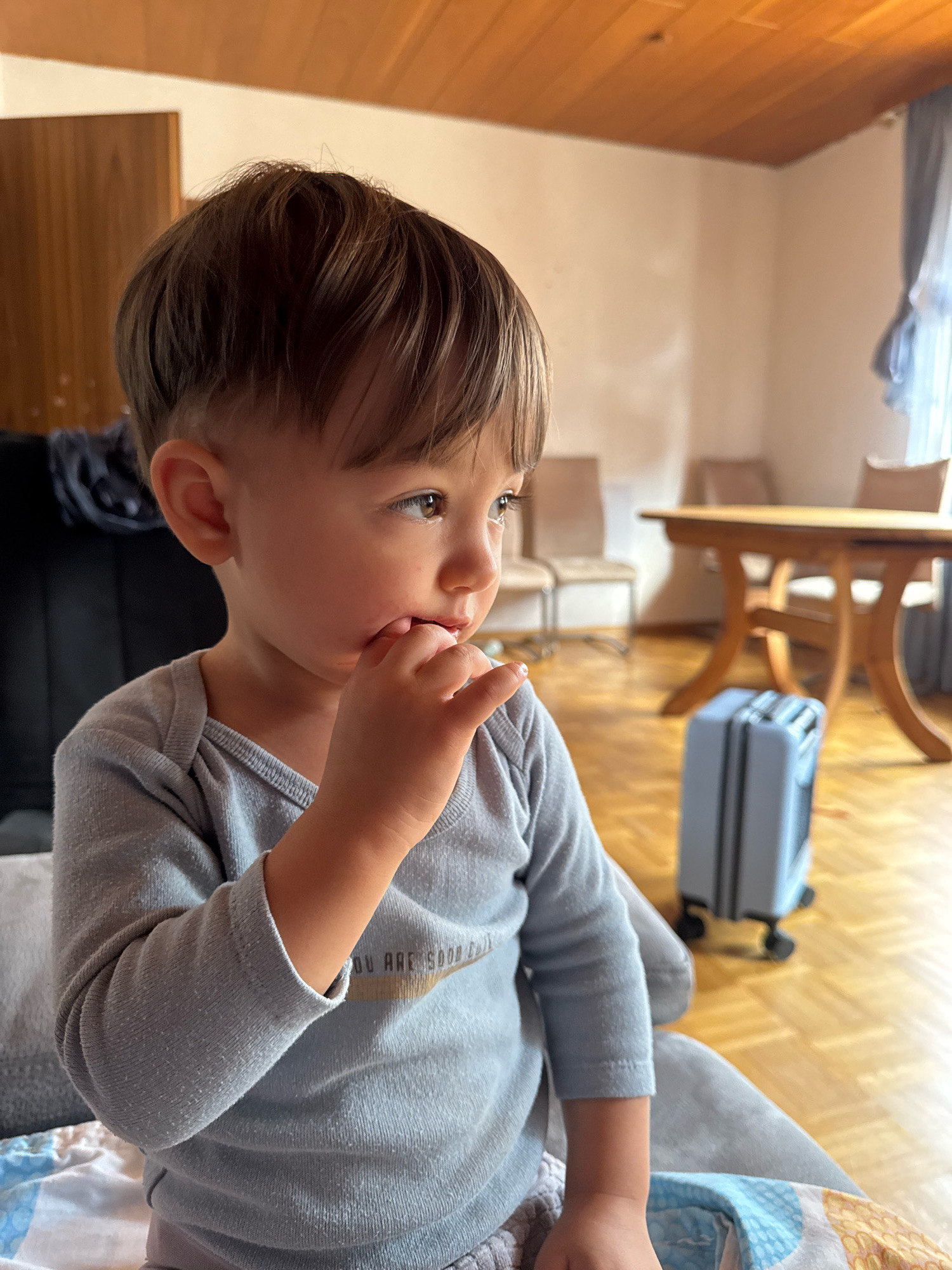 A close-up, waist-up shot shows a young boy with brown hair and light brown eyes looking to the right of the frame. He is wearing a light gray long-sleeved shirt. His right hand is brought to his mouth, with his fingers touching his lips. The background appears to be an indoor domestic setting with wooden paneling on the ceiling and light-colored walls. A wooden table with chairs is visible in the mid-ground, and a small, light blue suitcase with wheels is on the floor. The lighting suggests it is daytime, with light coming from the right. The location is stated to be in Überherrn, Germany.