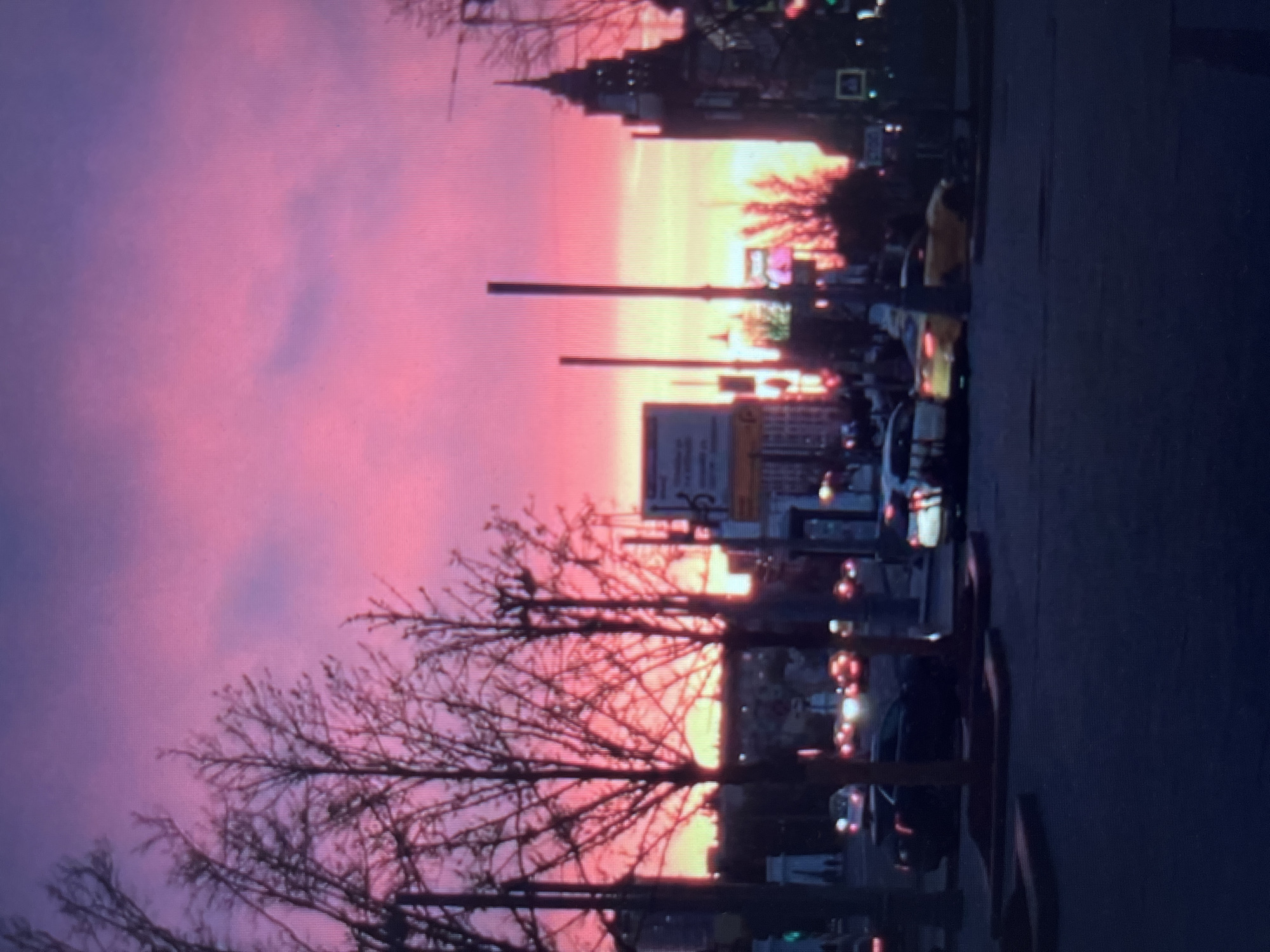 The image depicts a city street at dusk with a vibrant pink and purple sky. Bare trees with dark branches are silhouetted against the colorful sky. In the background, buildings, traffic lights, and cars are visible. Several cars are parked or moving on the street. One building has a distinctive spire. A billboard with text is also present. The foreground shows a dark paved area, possibly a sidewalk or road. The scene is characteristic of a city in Khimki, Russia, during sunset.