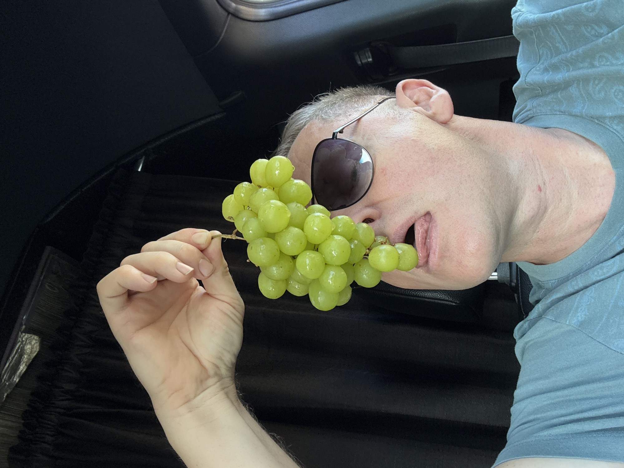 A person is holding a bunch of green grapes in their hand, bringing them up to their mouth, with their tongue sticking out as if to eat the grapes. The person is wearing sunglasses and a blue t-shirt. The background appears to be the interior of a vehicle, with dark curtains visible behind the person. The scene is indoors. There is no information in the image to determine the location in Grand Prairie, United States of America.
