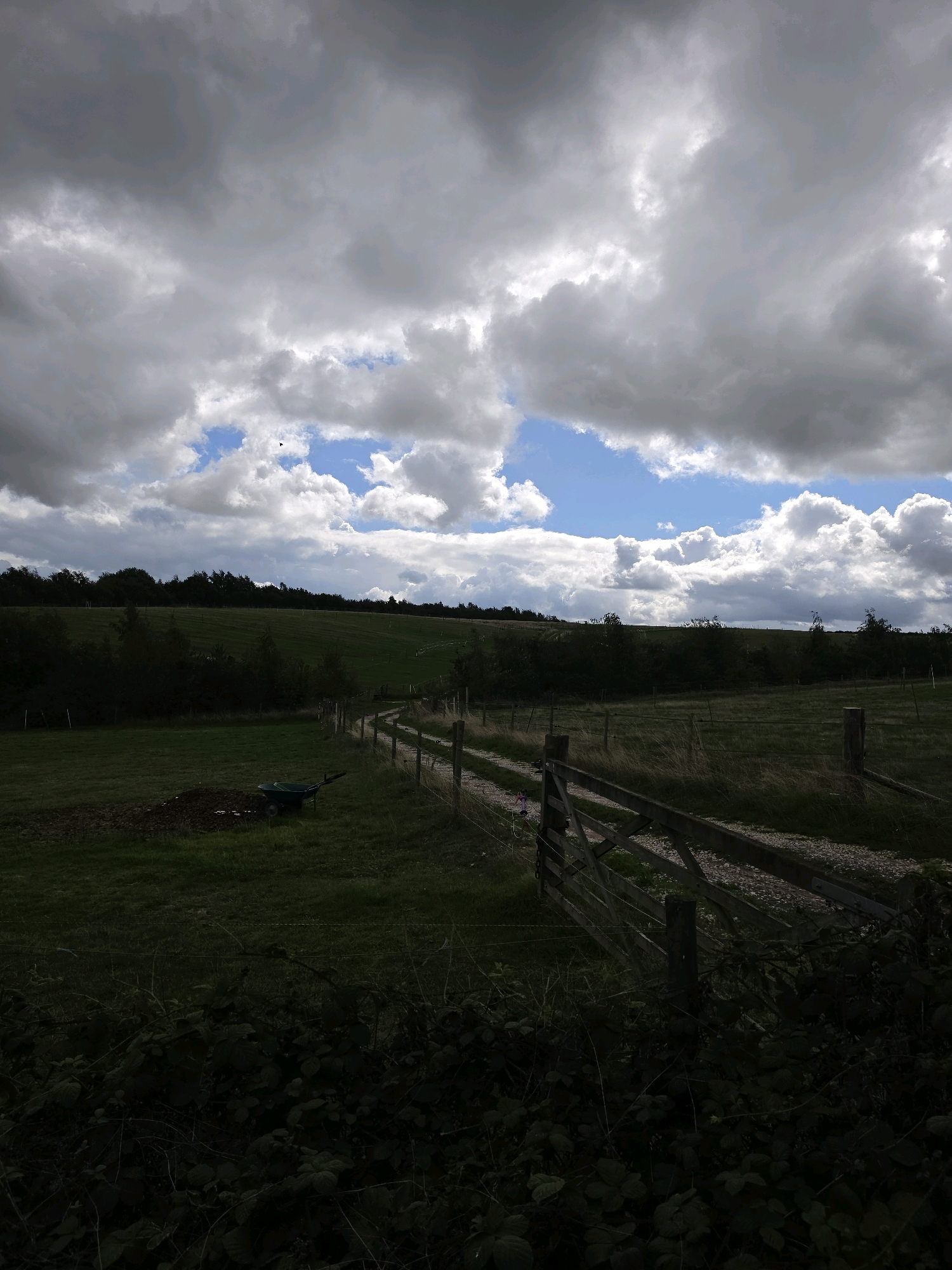 The image depicts a rural landscape under a dramatic, cloudy sky. The scene features a track leading into the distance, bordered by a wooden fence and vegetation. In the foreground, there is a wheelbarrow filled with dark soil or compost. The environment is green and appears to be a field or pasture. The location is identified as Newark and Sherwood, United Kingdom. There are no people visible in the image. The overall impression is one of a somewhat overcast day in the countryside.