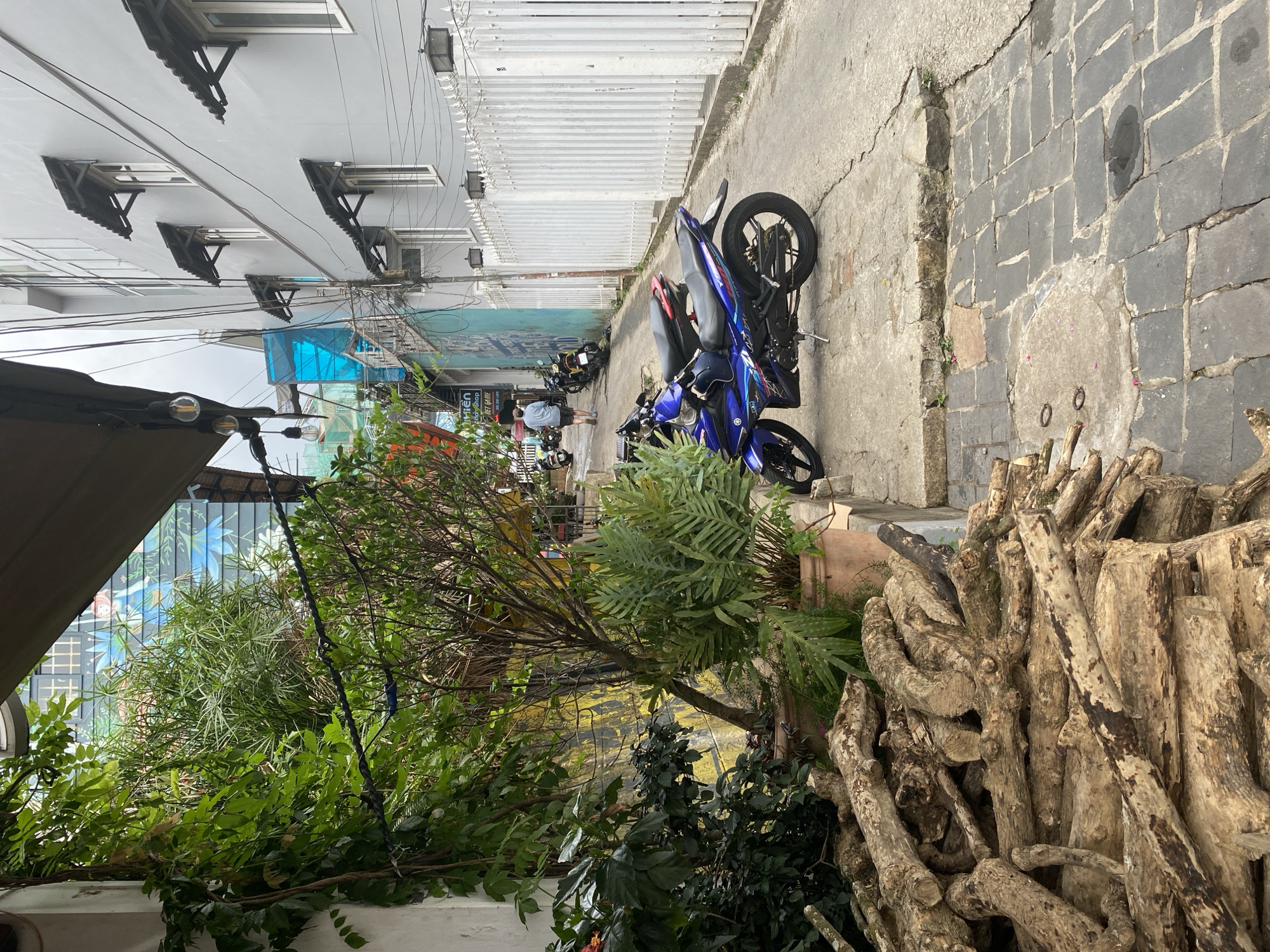 The image depicts a narrow alleyway in Da Lat, Vietnam. A blue motorcycle is parked on the right side of the alley, adjacent to a white fence and a building with multiple windows. Several people are visible further down the alley. In the foreground, there is an assortment of plants and a large pile of cut wood. The ground is paved with stone slabs. Overhead, there are power lines and building awnings.