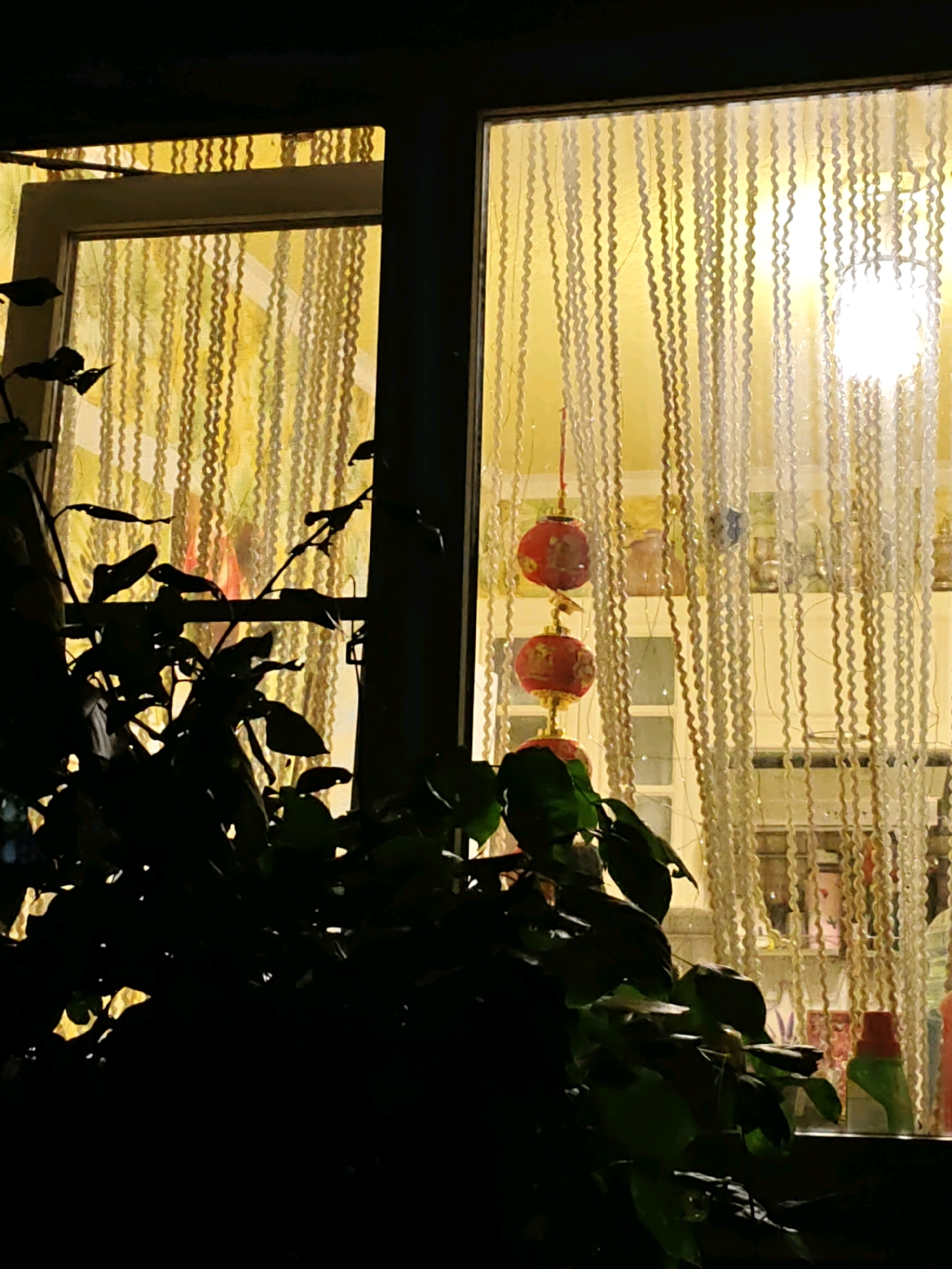 The image depicts a dimly lit indoor scene viewed through a window, with the interior illuminated by a warm yellow light. In the foreground, silhouetted dark green leaves and branches of a plant obscure a portion of the view. Through the window, a beaded curtain hangs, its individual strands forming a textured pattern. Suspended from a red string in front of the curtain are three small, round, red lanterns with gold embellishments, stacked vertically. The background shows a brightly lit interior with shelves holding various objects, including what appear to be bottles and decorative items. The overall impression is of a cozy, possibly festive, domestic interior at night, with the plants in the foreground creating a sense of depth and framing the scene. The specific location of Rostov-on-Don, Russia, is not visually evident in the image itself, and this detail would require external information.