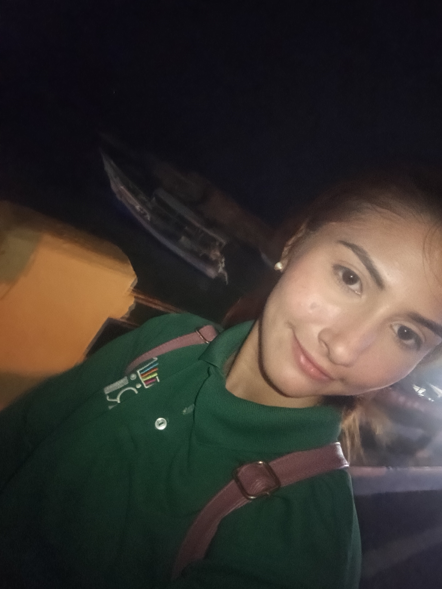 A woman is taking a selfie at night in Juan Griego, Venezuela. The background shows a boat, dimly lit buildings, and a dark sky. The woman is wearing a green polo shirt with a small logo on the chest and a pink strap over her shoulder. She has brown hair, fair skin, and is smiling.