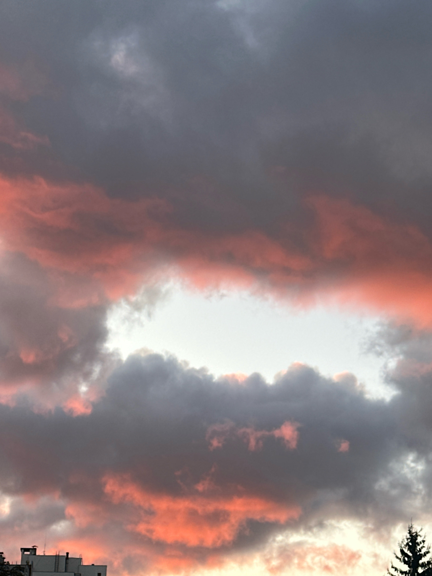 A vertical, eye-level, medium shot captures a dramatic sunset over the city of Minsk, Belarus. The sky is filled with dense, dark gray clouds interspersed with streaks of vibrant pink and orange light. A bright, white gap in the clouds offers a glimpse of a lighter sky beyond. In the lower left corner, the tops of several buildings are visible, including a white, multi-story structure with visible vents and pipes. To the right of the buildings, a silhouetted evergreen tree stands tall against the colorful sky. The overall scene evokes a sense of impending twilight and atmospheric grandeur.