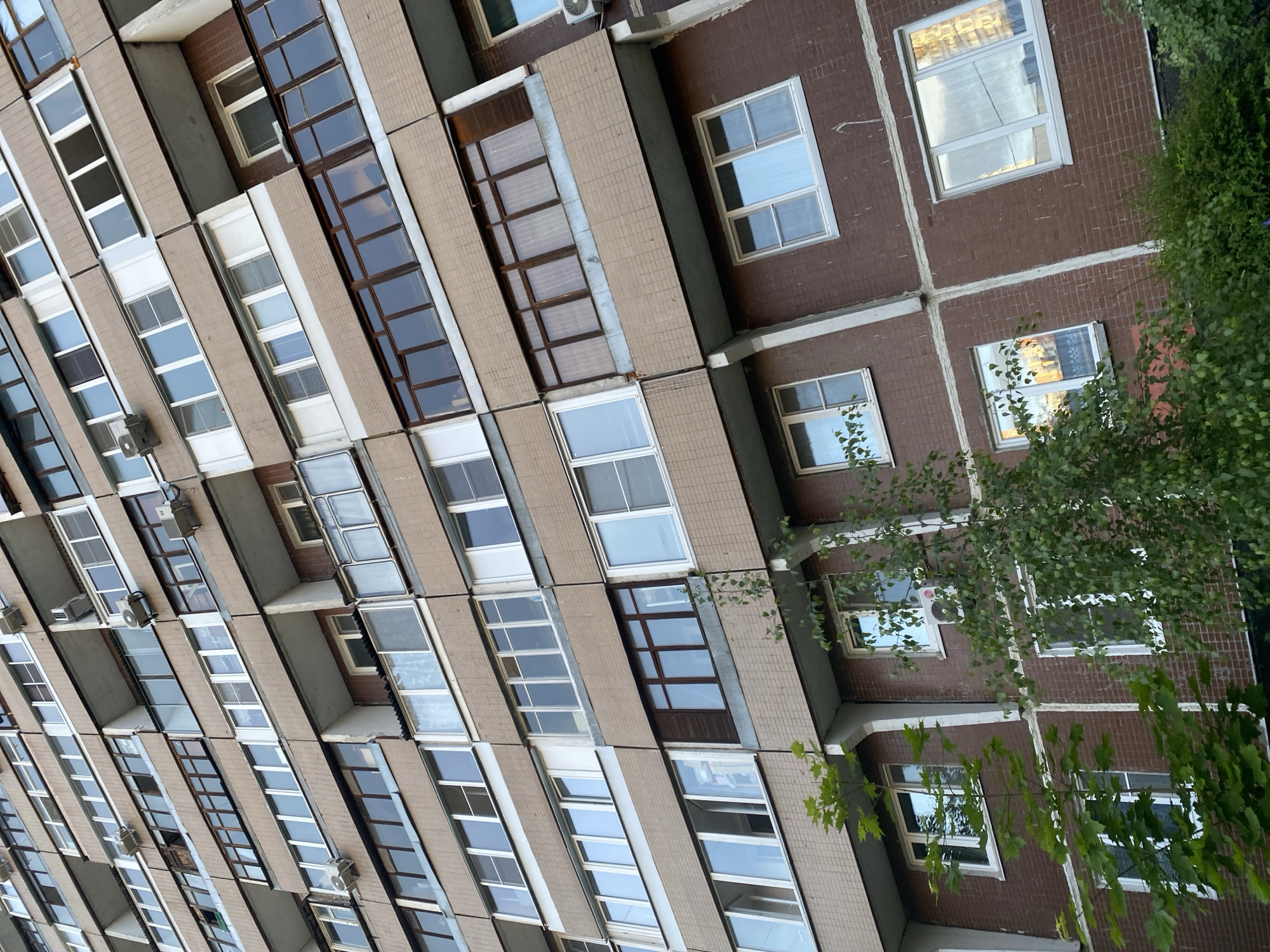 The image captures a multi-story residential building, presented at an approximately 90-degree counter-clockwise rotation, giving it a diagonal orientation. The building's facade primarily consists of dark brown brick-like tiles interspersed with lighter beige concrete or paneling, particularly on the balcony fronts.
The structure features a repeating pattern of numerous windows and balconies. Many windows are multi-paned, with a mix of newer white frames and older, darker frames. Some balconies are fully enclosed with glass, while others appear partially open or have opaque railings. Several external air conditioning units are mounted beneath various windows.
Green, leafy foliage from trees or bushes is visible on the right side and bottom right, partially obscuring some of the building's windows and adding a natural element to the urban scene.
The lighting suggests it is daytime, with soft light indicating either an overcast sky or late afternoon sun. Reflections in the windows reveal portions of the sky and possibly other nearby structures or internal lighting, with some reflections showing warm, orange-yellow tones. No people or specific activities are visible. The architecture is characteristic of residential blocks found in the provided location context of Khimki, Russia. The brand "LG" is visible on one of the air conditioning units.