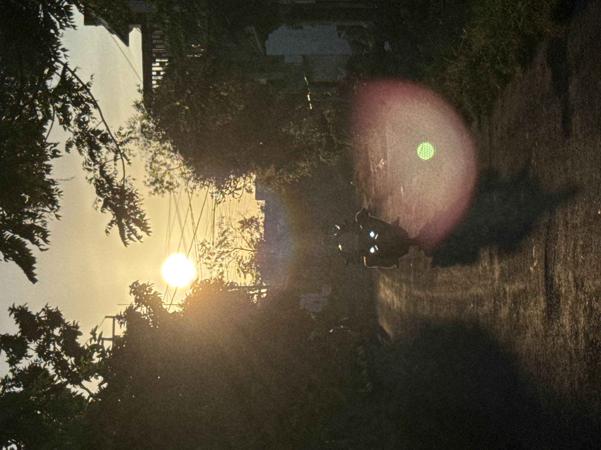 The image depicts a street scene in Ungasan, Indonesia, at sunset. A motorcycle with its headlights on is traveling down a paved road. Vegetation and trees line the sides of the road, silhouetted against the bright setting sun. Power lines are visible overhead. The sun is visible in the distance. There is a lens flare.