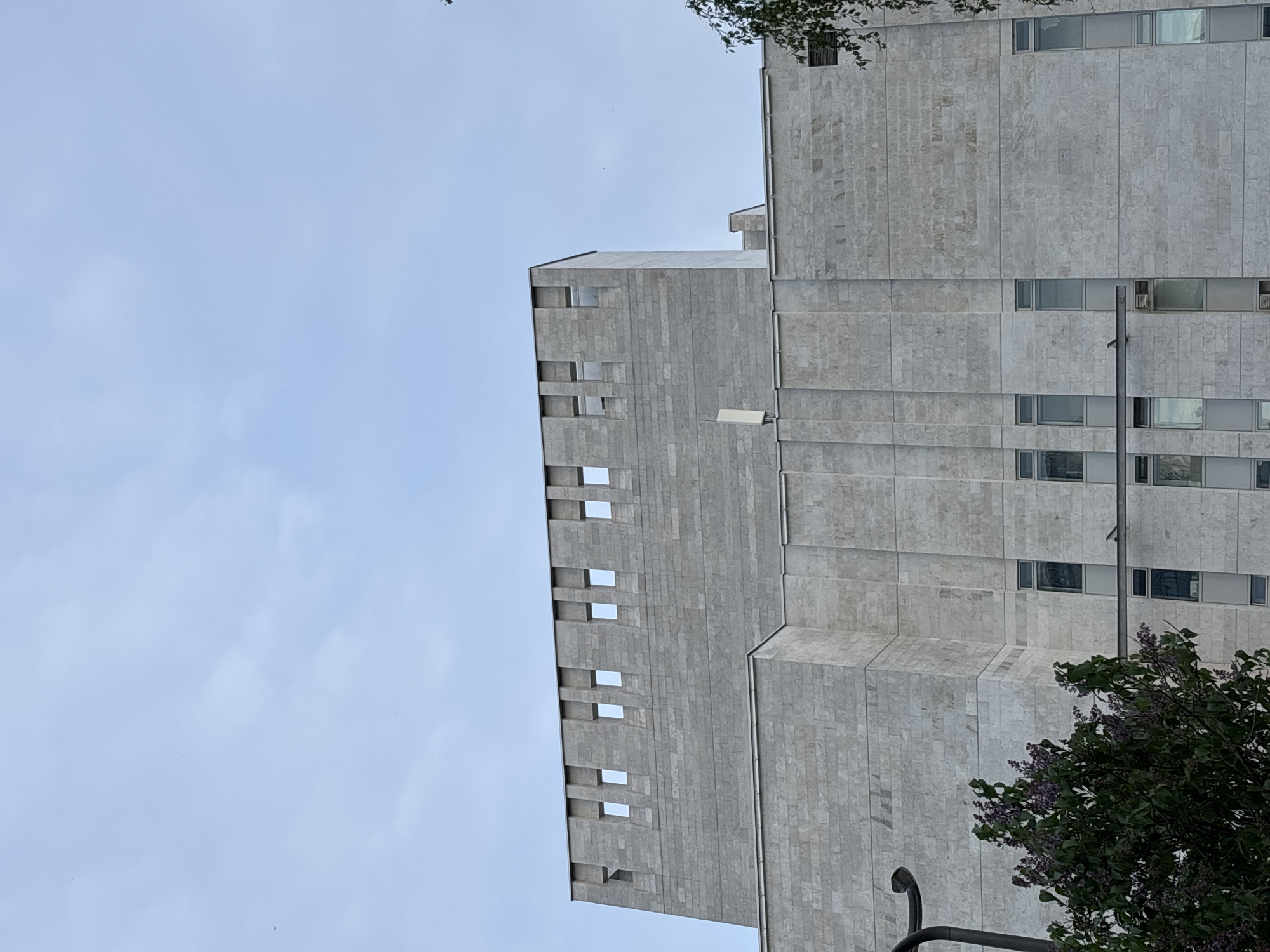 The image shows a tall, light-gray stone building against a cloudy sky. The building's facade is marked by regularly spaced, vertically aligned windows and a stepped design on one side. The building's architecture features a blocky, textured surface. Some greenery is visible at the base and top of the frame, partially obscuring the building. The image is taken from a low angle, emphasizing the building's height. The building is the Perm Regional Court in the city of Perm, Russia.