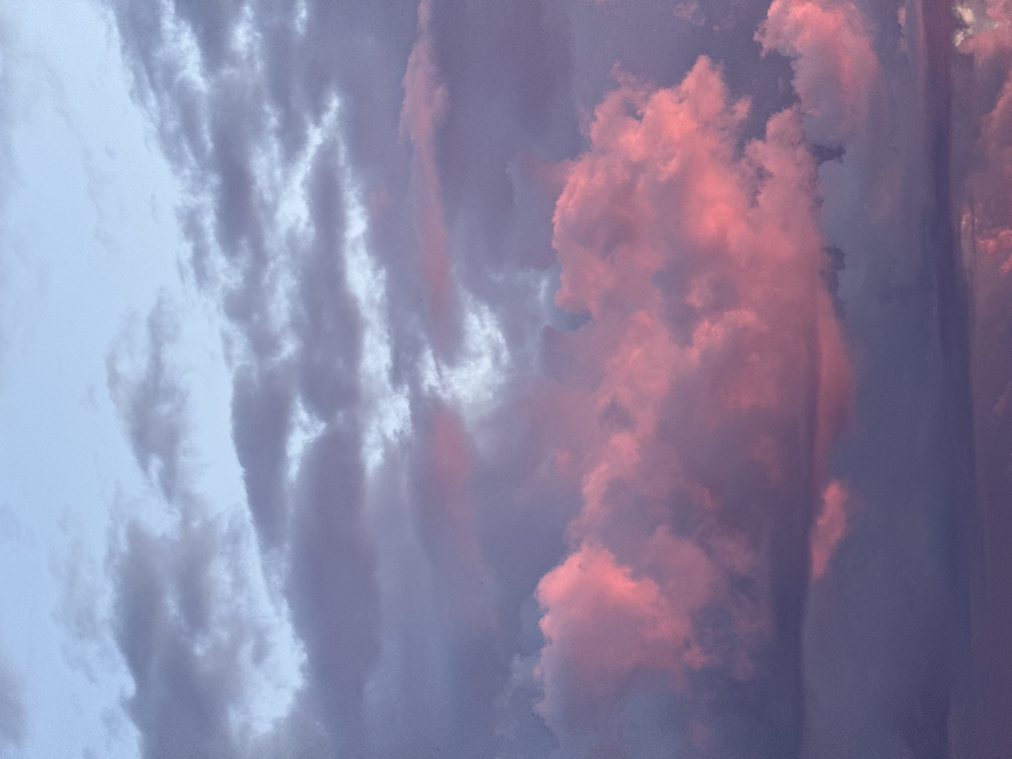 A vertical, medium shot captures a dusky sky over Carnikava, Latvia, dominated by vibrant, cotton-candy pink clouds illuminated by the setting sun. These bright clouds are juxtaposed against a backdrop of darker, bruised-purple and grey clouds that stretch across the frame. The upper portion of the image transitions to a pale, almost ethereal blue sky. The clouds are textured, with soft, billowy edges and deeper shadows that suggest their three-dimensionality. No people, subjects, or objects are discernible within the frame. The scene is purely atmospheric, focusing on the natural beauty of the sky at twilight.