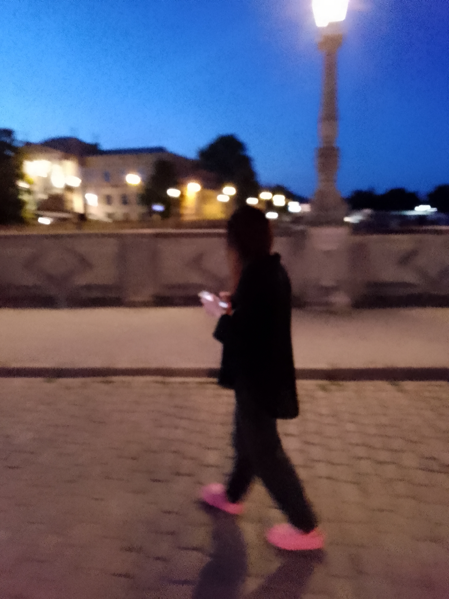 At dusk in Schwerin, Germany, a person walks along a cobblestone path, illuminated by a streetlamp. The individual, facing left, is engrossed in their mobile phone. They are wearing dark clothing and bright pink shoes. In the background, a blurred cityscape with lit buildings and trees suggests a park or waterfront area. The sky is a deep blue.