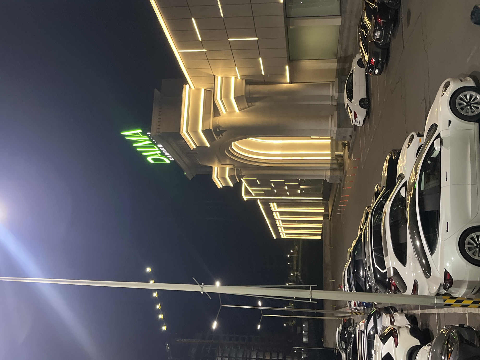 The image shows a night scene outside Dalma Garden Mall in Yerevan, Armenia. The mall is visible with illuminated arches and a green "Dalma Garden Mall" sign. A row of parked cars, predominantly white, lines the right side of the image. Streetlights are scattered throughout the scene, and construction is visible in the distance on the left.