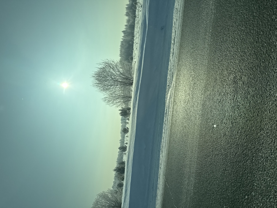 A bright sun shines over a landscape divided by snow and dark pavement. Trees, covered in what appears to be frost, populate the horizon. A thick bank of snow separates the trees from the black asphalt that makes up the foreground. The sun's light reflects off the pavement, creating a shimmer effect. The sky is pale blue, lending a cold aesthetic.