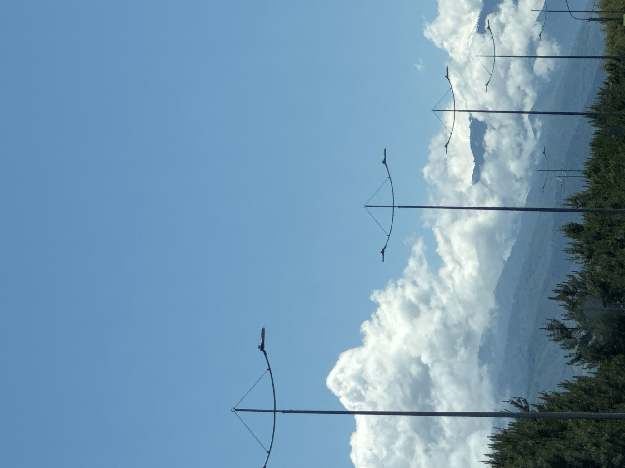 The image displays an outdoor scene under a bright, clear blue sky punctuated by scattered, fluffy white cumulus clouds. Several tall, dark poles are distributed across the foreground and mid-ground, each featuring a unique arc-shaped metallic structure mounted near its top. These structures appear to be artistic installations, possibly sculptural elements or large-scale wind chimes.
Along what would be the right side of the image (if rotated correctly), a dense line of dark green trees is visible, suggesting a border of vegetation. Beyond the trees and clouds, faint, hazy blue-grey mountains or large hills are discernible in the distant background.
The scene is static, with no discernible activity or people. The bright illumination indicates it is daytime, likely midday or early afternoon, under sunny weather conditions. There is no visible text in the image. The presence of both natural elements like mountains and trees, combined with modern art installations, suggests a planned public space or park environment, consistent with potential developments in a location like Sirius, Russia.