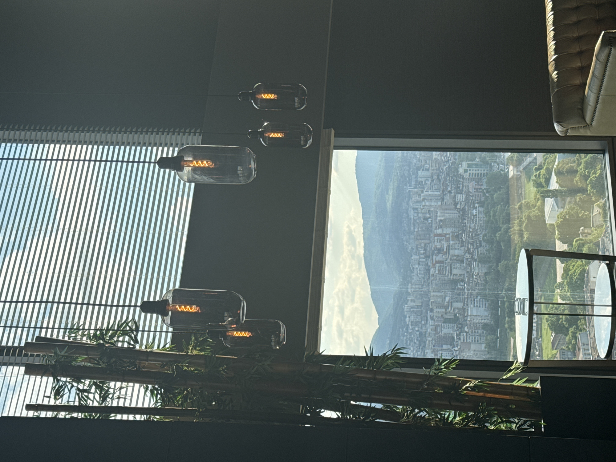 A vertical, slightly high-angle indoor shot reveals elements of interior design juxtaposed with a cityscape visible through a window.
The scene is characterized by light fixtures consisting of elongated glass bulbs with visible filaments suspended from the ceiling. Bamboo stalks adorned with green leaves are arranged horizontally, partly obscuring the view of the outside. Through a large window, a dense urban landscape is visible, transitioning into a mountainous backdrop with a cloudy sky.
A round, glass-topped table stands near the window, and a section of a plush, tufted sofa can be seen in the upper right corner of the frame. The interior design appears to incorporate elements of modern minimalism with natural textures. The overall atmosphere is one of a sophisticated, possibly high-end, space with a panoramic view.
The location is Sofia, Bulgaria.