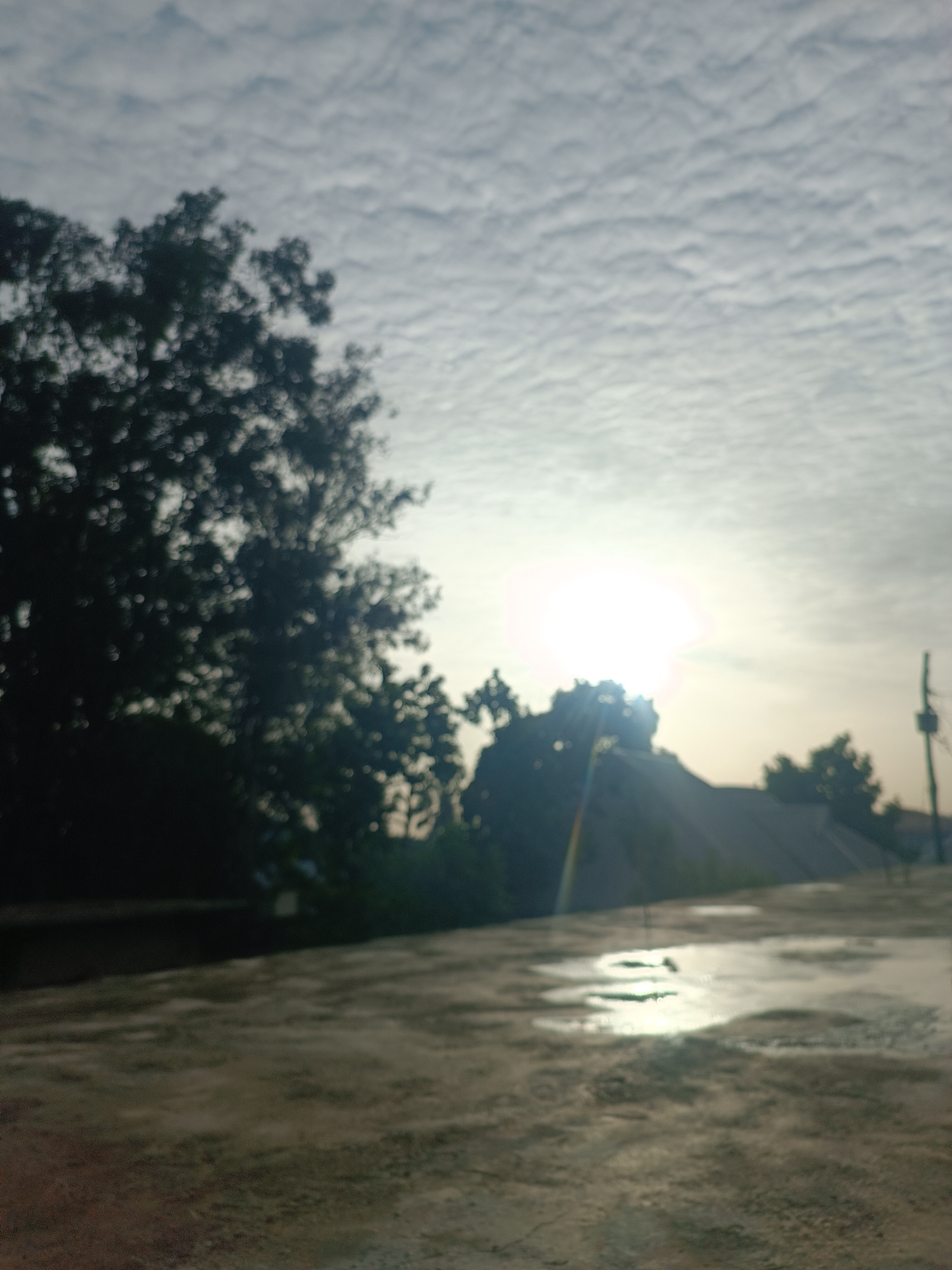 The image shows an outdoor scene, likely taken after a rainfall. A large, dark tree is silhouetted on the left side of the frame, with dense foliage. The sky is covered with altocumulus clouds, creating a textured pattern. The sun is visible through a break in the clouds, creating a bright glare in the center of the image. On the ground, there is a paved surface with puddles of water reflecting the sunlight. In the distance, there are trees, a building with a sloped roof, and a utility pole. The location is identified as Bukuru, Nigeria. No people are visible in the scene.