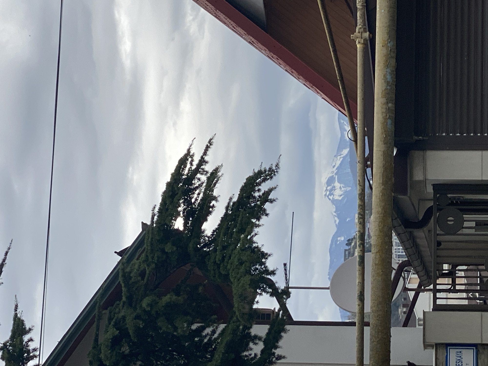 A low-angle shot reveals buildings and trees against a cloudy sky, partially obscuring distant snow-capped mountains. Elements include utility poles, a satellite dish, building roofs, and green trees. A sign written in Cyrillic script reading "ESKAYA" provides a hint of a location, likely in Sochi, Russia. The image is composed of an urban scene with natural elements in the background.