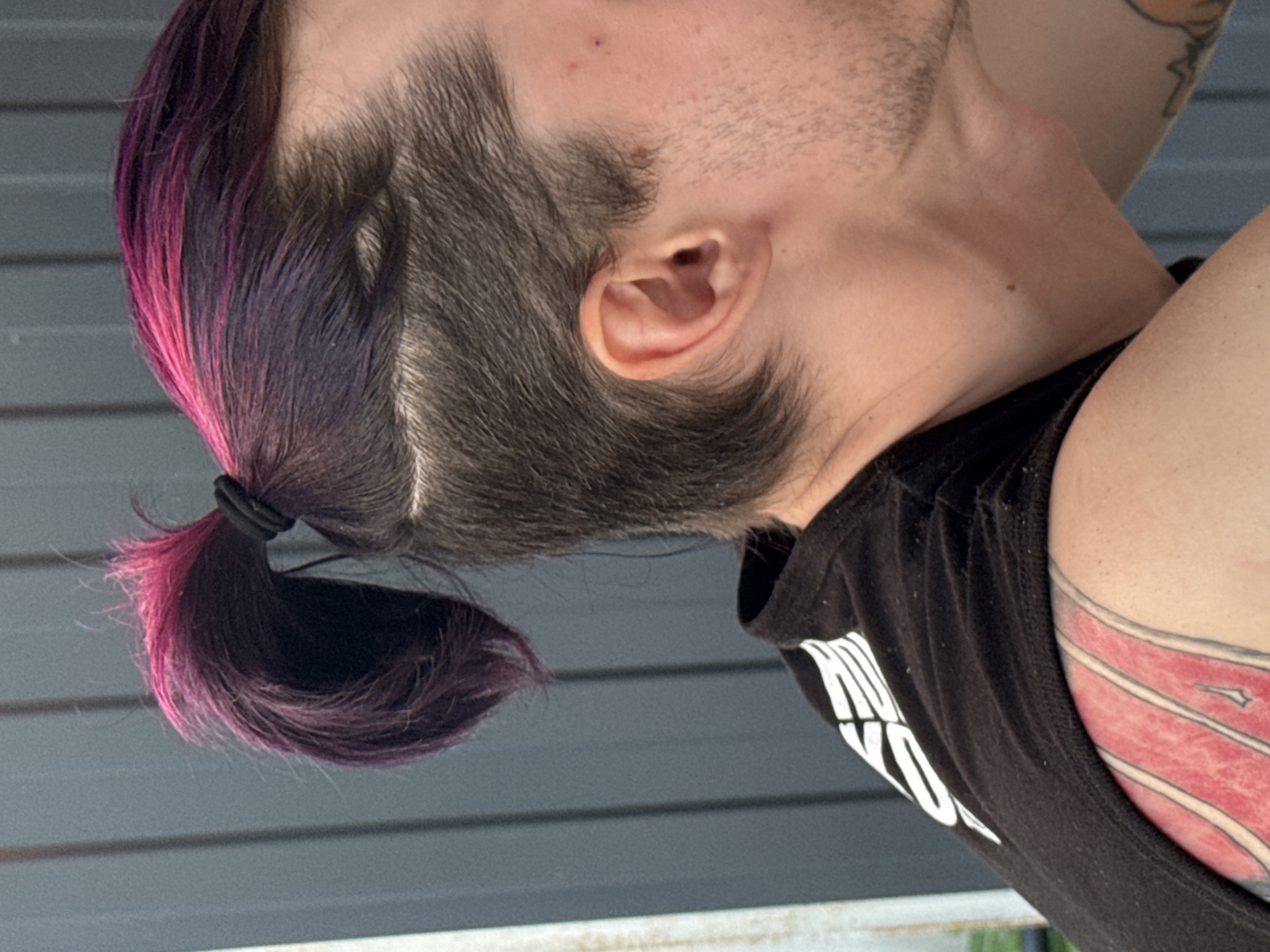 The location is in the city of Lipetsk, Russia. The image captures the right profile of a person from the shoulders up, set against a dark grey, vertically paneled background. The individual's hair is dark brown/black, pulled into a high ponytail with a black elastic band. The top and front sections of the hair are dyed a vibrant fuchsia that transitions into purple. The right side of the head exhibits a shaved undercut with a sharply defined horizontal line separating the shorter hair from the longer top hair.
The visible skin is fair. A small red mark is present on the right temple, superior to the ear. Short, dark facial hair (stubble) is visible on the right cheek and jawline. The right ear is fully exposed and appears anatomically normal. A small, dark mole is visible on the right side of the neck.
The person is wearing a black, short-sleeved t-shirt. A white graphic design, composed of multiple curved and straight lines resembling stylized wings or text, is present on the right shoulder of the t-shirt. A prominent red-toned tattoo, featuring distinct outlines and internal patterns, is visible on the upper right arm, partially obscured by the t-shirt sleeve. A second, smaller, black-outlined tattoo is partially visible on the right forearm at the lower right edge of the frame.
The background consists primarily of a dark grey, uniformly textured, vertically paneled surface. A narrow vertical section of a lighter grey or white surface is visible along the left edge of the image. A small patch of green material, possibly foliage, is visible at the extreme bottom left.