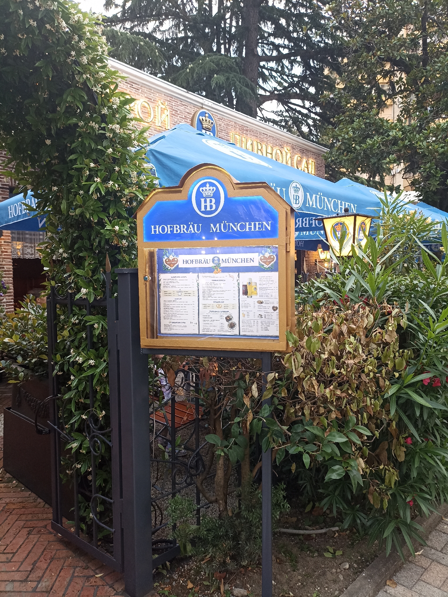 This media file shows an outdoor seating area of a restaurant. The scene is set in front of a building with a brick facade, adorned with large, golden lettering that is partially obscured. Blue awnings with the "HB" logo, representing Hofbräu München, are stretched across the outdoor space, indicating a Bavarian-themed establishment. A prominent wooden signpost displays the Hofbräu München logo and a menu in Russian, with headings like "БАВАРСКИЕ САЛАТЫ" (Bavarian Salads) and "ГОРЯЧИЕ БЛЮДА" (Hot Dishes).
A black metal gate with ornate scrollwork partially encloses the restaurant's entrance, leading to the outdoor seating area. Lush greenery, including flowering plants and larger trees, surrounds the sign and the gate, creating a pleasant, garden-like atmosphere. The presence of red flowers in the bushes adds a splash of color to the scene. The lighting suggests it is daytime, possibly late afternoon, as the light is diffused, and no harsh shadows are visible. The overall impression is that of a welcoming establishment ready to serve patrons. The location context provided specifies Sochi, Russia, which aligns with the Cyrillic text on the menu.