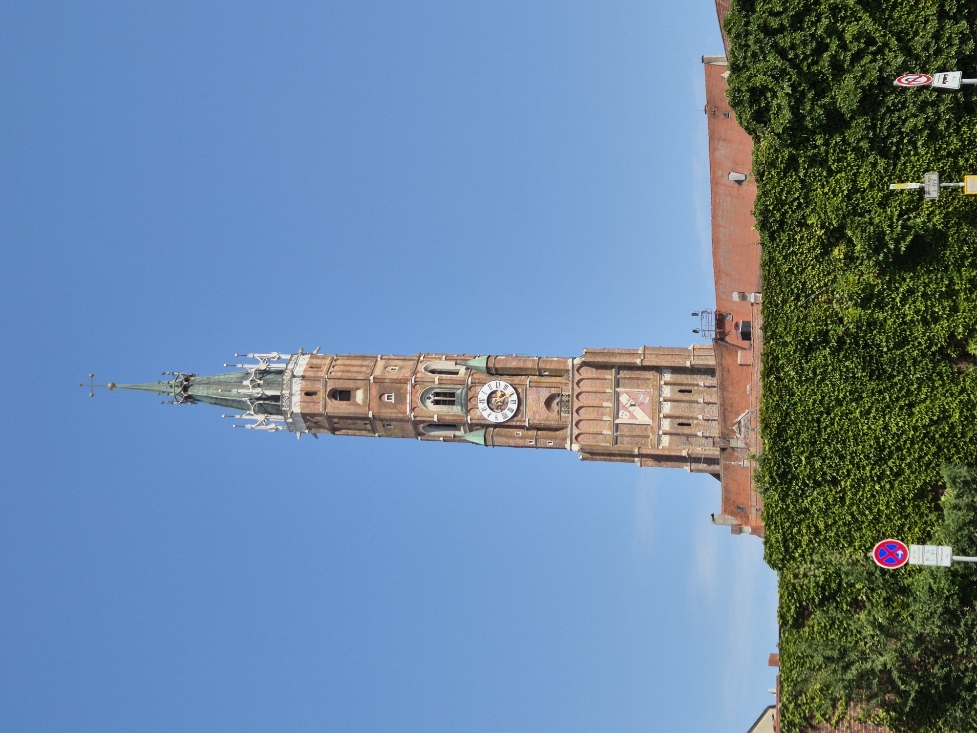 This is a vertical, eye-level, medium shot of a tall brick church tower against a clear blue sky. The tower, which is the primary subject, features intricate architectural details, including a pointed spire topped with a cross, arched windows, a clock face with Roman numerals, and decorative stonework. Below the tower, a red-tiled roofline of a building is visible, partially obscured by a dense wall of green ivy. In the foreground, the ivy wall covers a brick wall, and several traffic signs are present, including a red and blue sign with a symbol and a white sign with German text. The lighting suggests it is daytime with bright sunlight. This is the St. Martin's Church tower in Landshut, Germany.