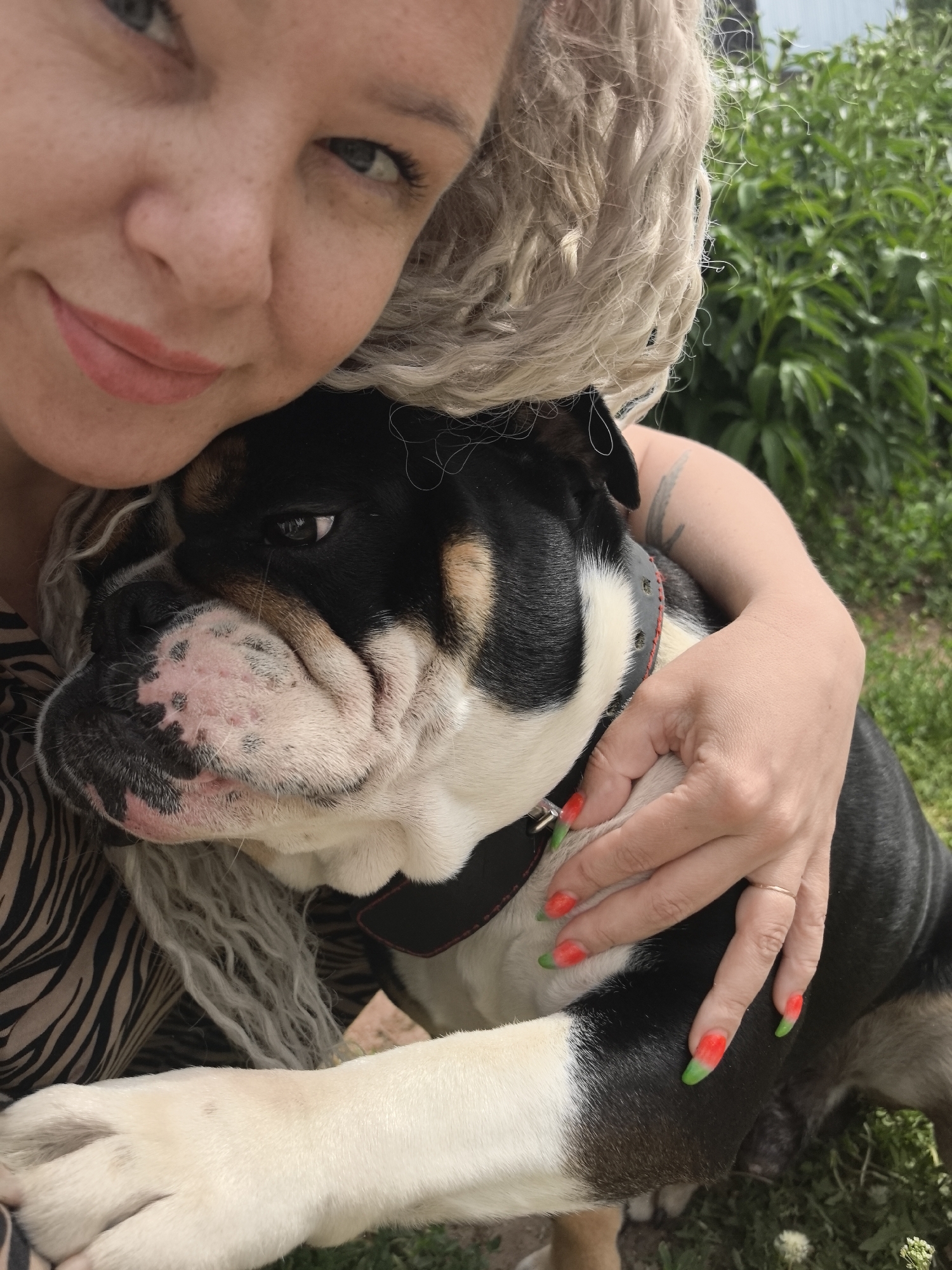 A fair-skinned woman with blonde dreadlocks is hugging a black, white, and brown English bulldog. The woman is wearing a zebra-print shirt and has a tattoo on her right arm. She is smiling and has nails painted with an ombre of red and green. The bulldog is wearing a black collar and appears to be looking directly at the camera. They are surrounded by green foliage, possibly in a backyard or park. The location, Noviy, Russia, is not identifiable in the image.