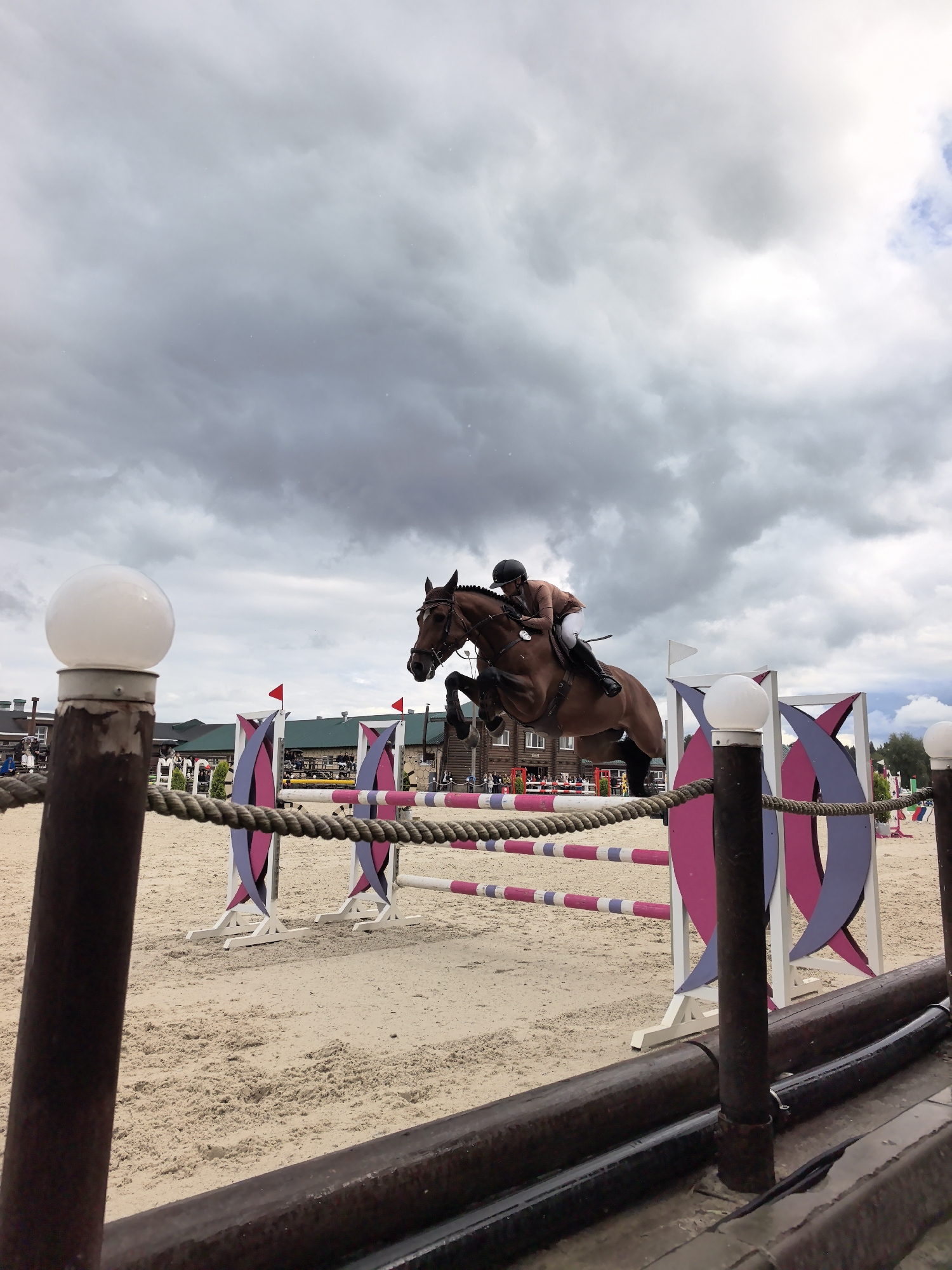 A horse and rider are captured mid-air as they jump over a colorful obstacle during an equestrian event at a farm in Russia. The horse, a bay with a dark mane and tail, is powerfully leaping over the jump, while the rider, wearing a brown jacket and a black helmet, maintains a balanced position. The jump consists of poles with pink and purple decorative elements, supported by white standards. The event is taking place on a sandy arena, with a rope barrier and a wooden post with a white spherical lamp in the foreground. In the background, buildings with dark roofs and a cloudy sky contribute to the atmosphere of the outdoor competition.