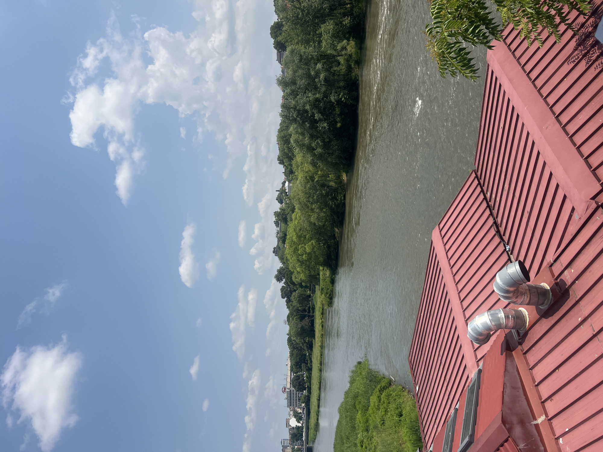 The image captures a vibrant daytime scene featuring a river flowing between lush, tree-lined banks, under a bright blue sky with scattered white clouds. In the foreground, the distinctive red metal roof of a building dominates the lower right portion of the frame.
The river, appearing wide and somewhat murky with a greenish-brown tint, extends from the background towards the mid-ground. Its far bank is densely covered with a thick line of various green trees, creating a natural, verdant boundary. On the near bank, closer to the viewer, patches of lighter green vegetation and bushes are visible.
The red-roofed building in the foreground features prominent, ridged panels characteristic of metal roofing. Two silver-grey, corrugated ventilation pipes or ducts are visibly installed on the roof, curving upwards. A small cluster of green leaves from an overhanging tree partially obstructs the view of the roof on its left side.
In the distance, along the far bank of the river, urban structures and buildings can be faintly discerned, suggesting the presence of a town or city. A circular sign, possibly a logo or advertisement, with red elements on a white background, is visible atop one of these distant buildings.
The bright sunlight and clear sky with fluffy white clouds indicate a pleasant, fair-weather day. No specific human activity is depicted. The scene suggests a tranquil, scenic riverside location, consistent with the provided context of Plovdiv, Bulgaria.