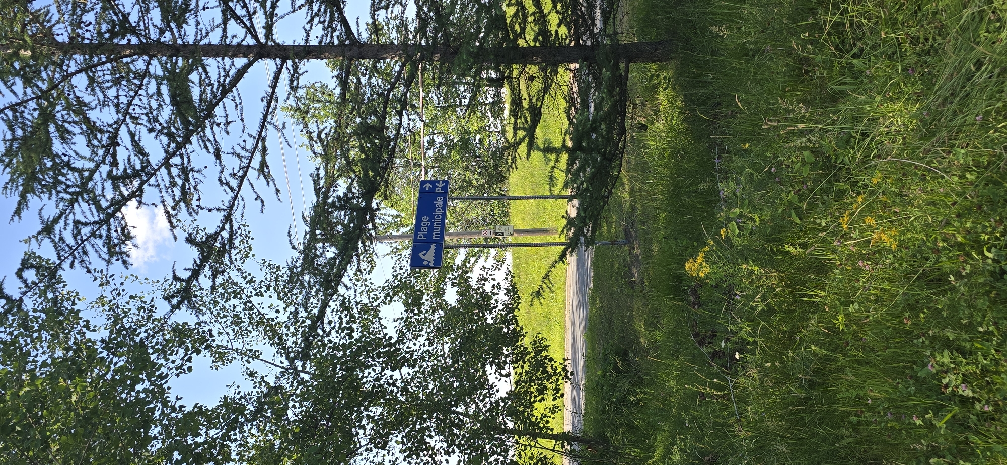 The image shows a blue directional sign with white lettering and icons, indicating "Plage municipale P". The sign has an icon of a person swimming on the left and an arrow pointing to the right. Below this, there is a smaller sign with icons of a bicycle and a person walking. The sign is positioned next to a wooden pole, with a grassy slope and a road visible in the background. Trees with green foliage and a blue sky with a few clouds are also present. This sign is located on a street in Drummondville, Quebec, Canada, specifically on Rue Jean-Marie-Dubois, near the Saint-François River, which is associated with the municipal beach and parking.
