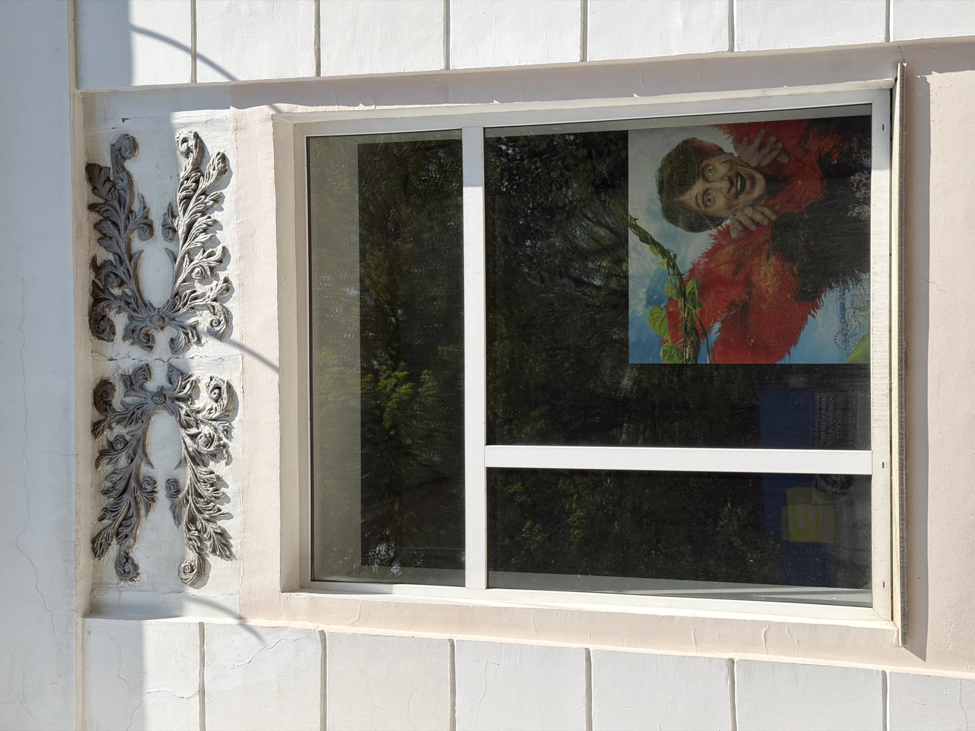 A close-up shot depicts a window on a building in Birobidzhan, Russia. The window is white-framed and divided into two panes, with a horizontal bar across the right pane. Through the window, greenery is visible, suggesting a park or garden outside. However, the reflection shows a poster or artwork of a man with a flamboyant red boa and a surprised expression.
The exterior wall surrounding the window is light-colored, with decorative floral molding on the left side of the window frame. The wall is constructed with rectangular blocks, creating a textured surface. The overall lighting is bright, suggesting a sunny day.