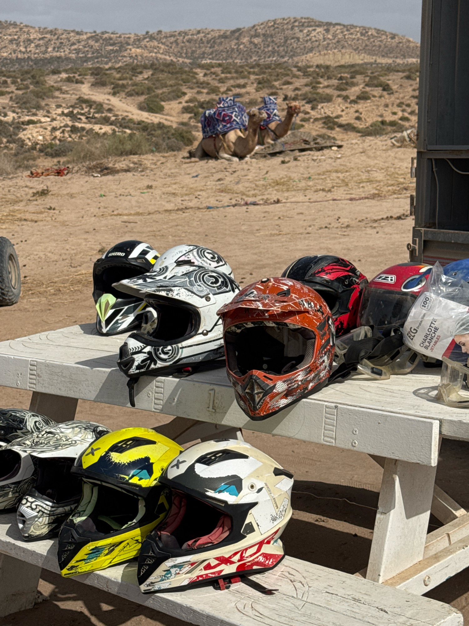 The image depicts a desert landscape in Tamri, Morocco, with a rocky, arid terrain stretching into the background. In the foreground, a white picnic table is laden with several dirt bike helmets. These helmets are varied in color and design, with some featuring intricate graphics. A portion of a dark-colored utility vehicle is visible on the right side of the frame. In the middle ground, a camel is resting, adorned with a colorful patterned blanket. The ground is sandy and scattered with debris. The overall scene suggests an outdoor recreational area, possibly associated with desert activities like dirt biking or camel riding.