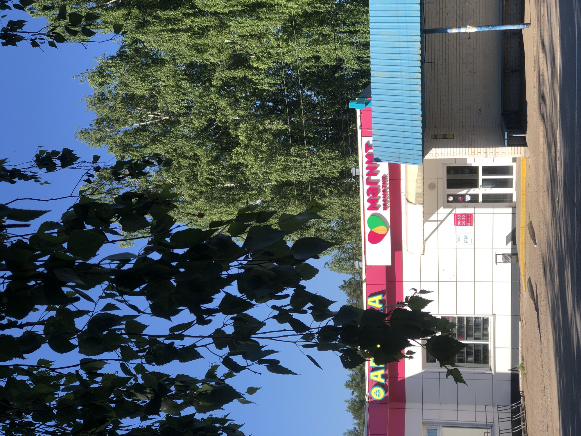 The image shows a storefront in Noviy, Russia, with a bright pink sign displaying "АПТЕКА" (Apteka) on the left and "МАГНИТ Косметик" (Magnit Kosmetik) on the right. The storefront is white with a prominent pink stripe. There is a blue awning covering part of the entrance area, and a bus stop shelter with a blue roof and brick walls is visible to the right of the storefront. Green trees and a clear blue sky are in the background. The scene appears to be a commercial area in a town or city. The lighting suggests it is daytime, with sunlight casting shadows on the ground. No people are visible in the image.