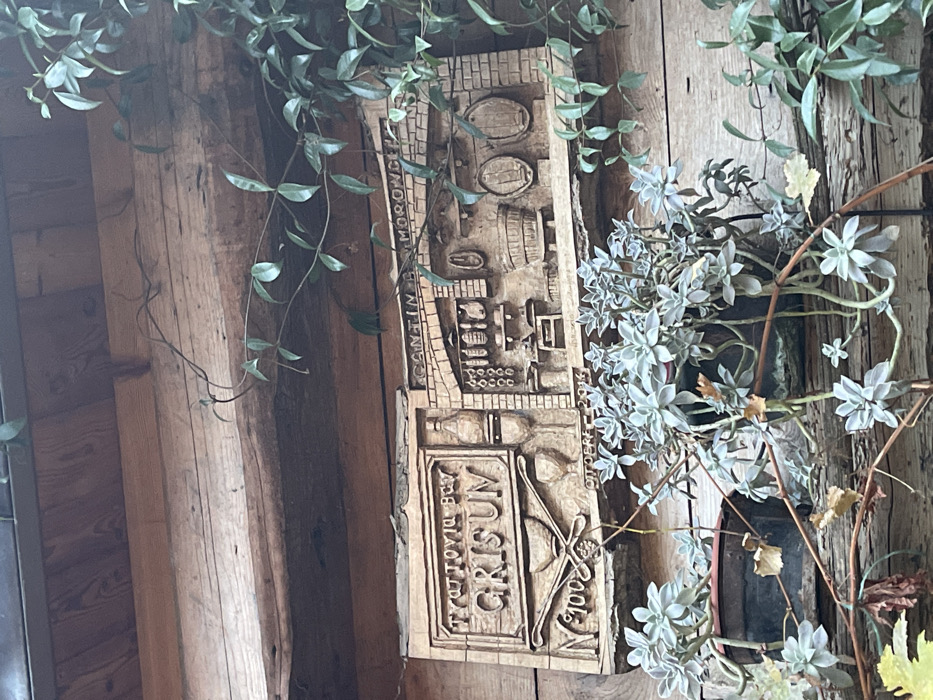 The image displays a carved wooden sign affixed to a rustic wooden wall, surrounded by various green plants. The photograph is taken from a slightly low angle, with the sign oriented vertically.
The central subject is an elongated wooden carving that functions as a sign. The top section of the carving features the words "CANTINA MORONCELLI" above a detailed relief depicting a wine cellar. This relief includes multiple wine barrels, shelving units stocked with bottles, and what appears to be brickwork. The lower section of the sign prominently displays the text "TRATTORIA BAR GRISUM" in larger, carved letters. Below this text, there are carved symbols resembling crossed implements, possibly a knife and a fork or agricultural tools. The year "2000" is also carved, along with what appears to be a signature or initials, possibly "P. BOERL." or "P. BOERF." The entire carving features intricate detailing, including brick patterns along the borders and within the scenes.
Cascading from the top and left of the sign are slender vines with small, dark green leaves. To the right of the sign, a cluster of light green or silvery-grey succulents with rosette-shaped leaves is visible, some appearing to be in a pot. A few dried, yellowish leaves are interspersed among the succulents.
The background consists of robust wooden planks, suggesting a sturdy, rustic construction, possibly an exterior or interior wall of a building. The lighting is natural and soft, indicating daylight. Given the text on the sign, the setting is likely related to a winery and restaurant establishment in Castione, Italy, with a traditional or artisanal aesthetic.