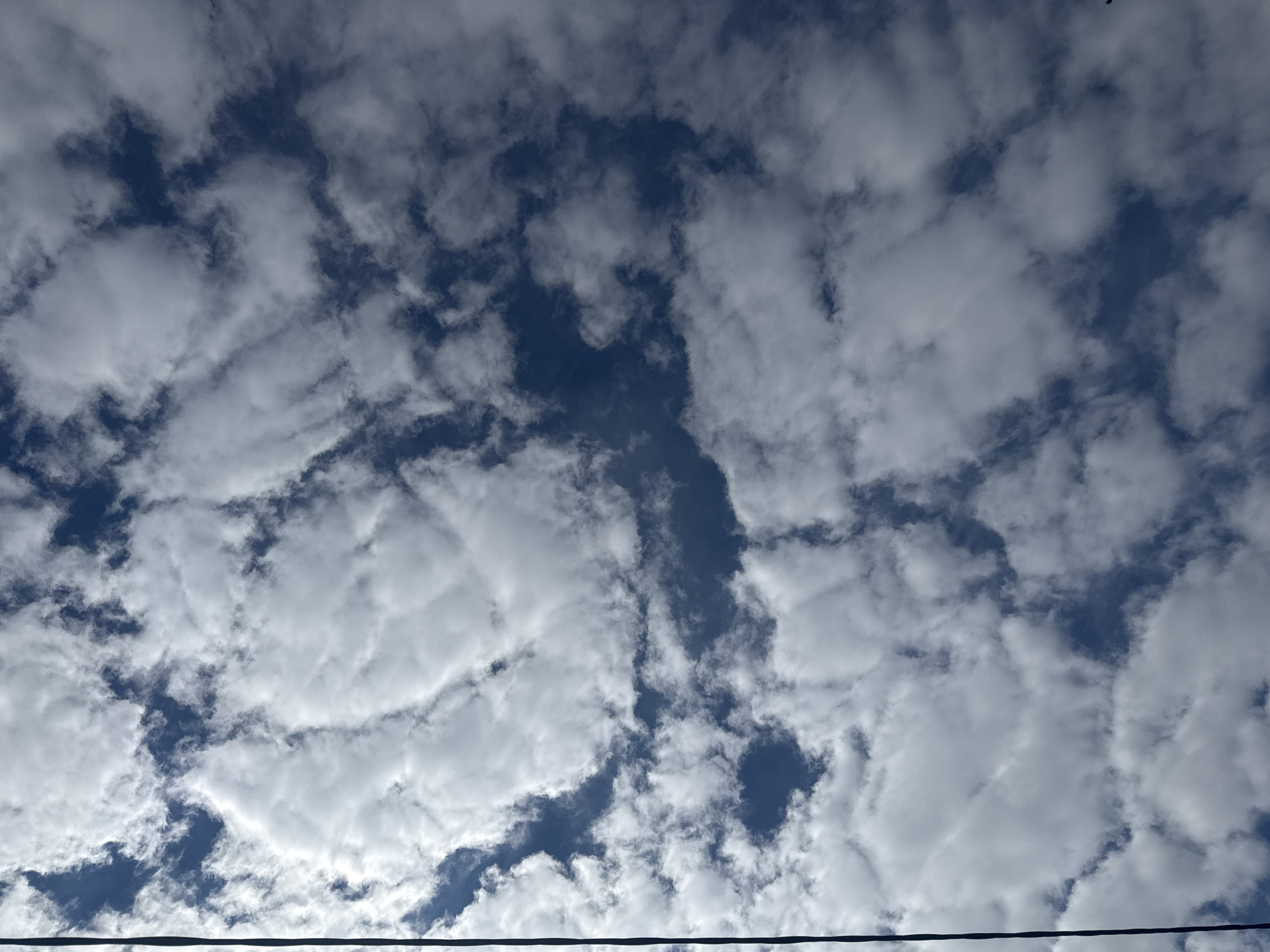 The image shows a sky with scattered white clouds against a dark blue background. A thin, dark vertical line is present on the left side of the image, potentially a power line or antenna. The clouds are textured and appear to be illuminated from above, suggesting daylight. There are no people, animals, buildings, or recognizable landmarks visible in the image, nor any elements that can be definitively linked to the city of Chaikovsky, Russia. The scene is a natural one, focusing solely on the sky and clouds.