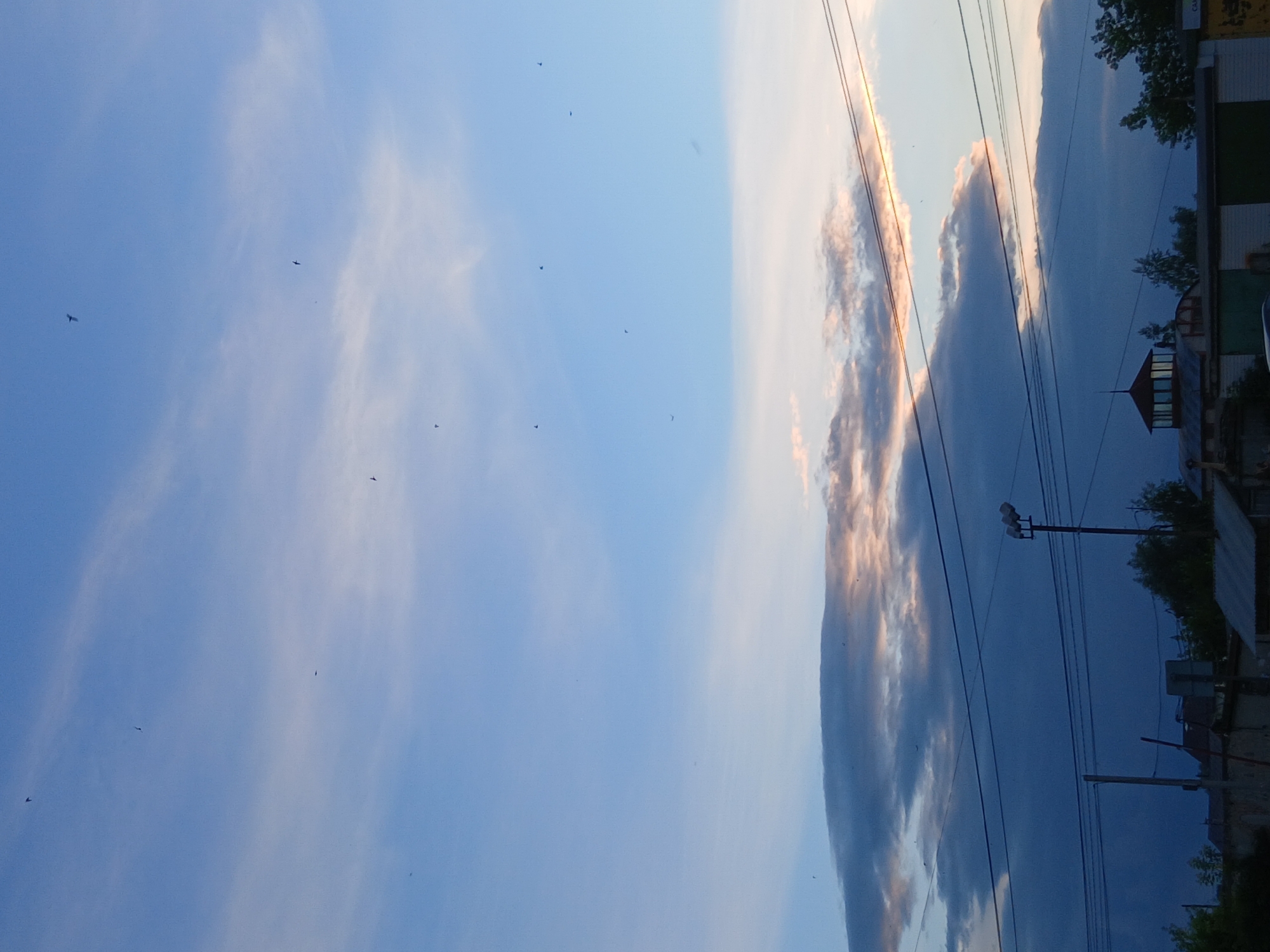 This media file depicts a dusky sky with scattered clouds, tinged with the warm hues of sunset. A light breeze is evident from the wispy, elongated clouds that stretch across the blue expanse. Several birds are visible, appearing as small, dark silhouettes against the bright sky, perhaps in flight or roosting. The scene is framed by a power line running horizontally across the image, with a lamppost visible on the right side. In the background, a building with a red-tiled roof and a section of a wall with visible bricks can be seen. The overall mood is serene and tranquil, with the soft light of the setting sun casting a peaceful glow over the scene. The image captures a moment of natural beauty, with the sky serving as a canvas for the play of light and shadow, and the birds adding a touch of life to the composition. The visible building and lamppost suggest an urban or semi-urban setting, possibly in Chaikovsky, Russia, given the provided location context. The time of day is clearly evening, as indicated by the sunset colors in the clouds.