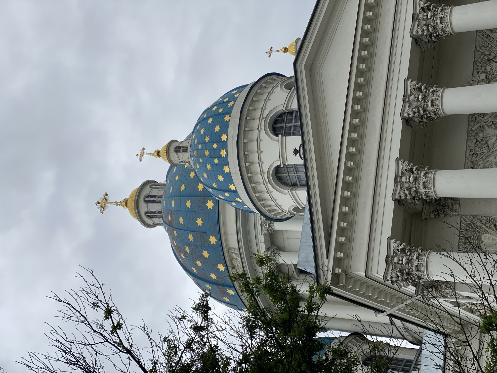 The image shows a close-up, low-angle view of the Trinity Cathedral in Saint Petersburg, Russia, against a cloudy sky. The cathedral features two prominent blue domes adorned with golden stars and topped with golden crosses. The foreground is partially obscured by the branches of a bare tree on the left and some green foliage. The architectural details of the cathedral's white facade are visible, including Corinthian columns supporting a pediment. The style of the domes and crosses suggests an Orthodox Christian church. The lighting is diffused due to the overcast conditions.