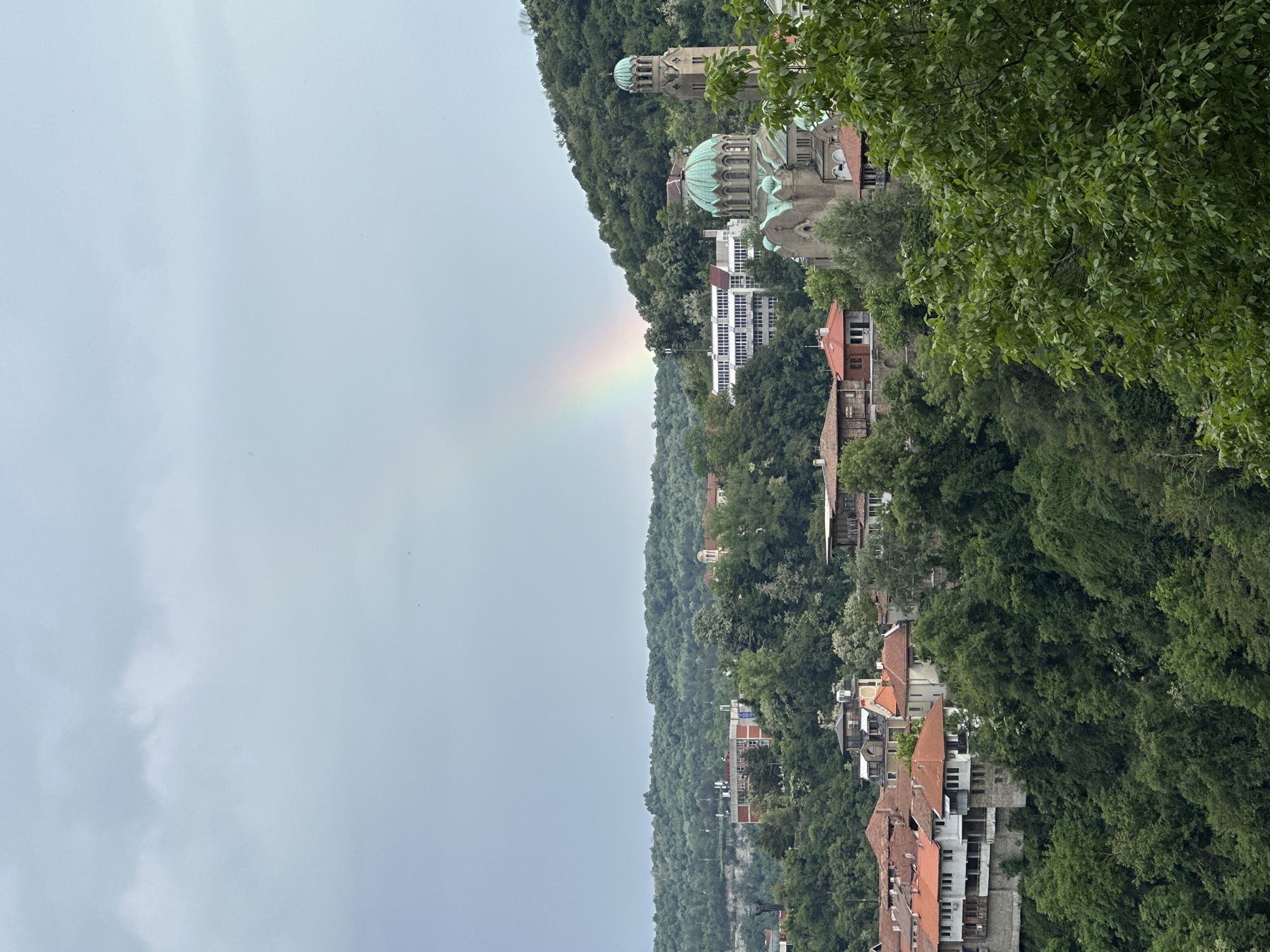 The image depicts a view in Veliko Tarnovo, Bulgaria, featuring a rainbow arching across the sky above a landscape of densely wooded hills and buildings. The camera angle is vertical. The sky is overcast with gray clouds in the left portion of the image. A distinct rainbow spans from the sky towards the central part of the view.
Dominating the upper right part of the scene is the Patriarchal Cathedral of the Ascension of God (Patriarshia) with its distinctive green domes, a historical complex located on Tsarevets Hill. Adjacent to this landmark are other buildings and structures nestled among the trees. The hillside is filled with dense green vegetation, among which various houses and buildings with reddish-brown roofs are visible. Lower down the hill, modern white buildings are interspersed with trees. The view suggests an elevated vantage point overlooking the landscape. There are no people or animals visible in the photograph.