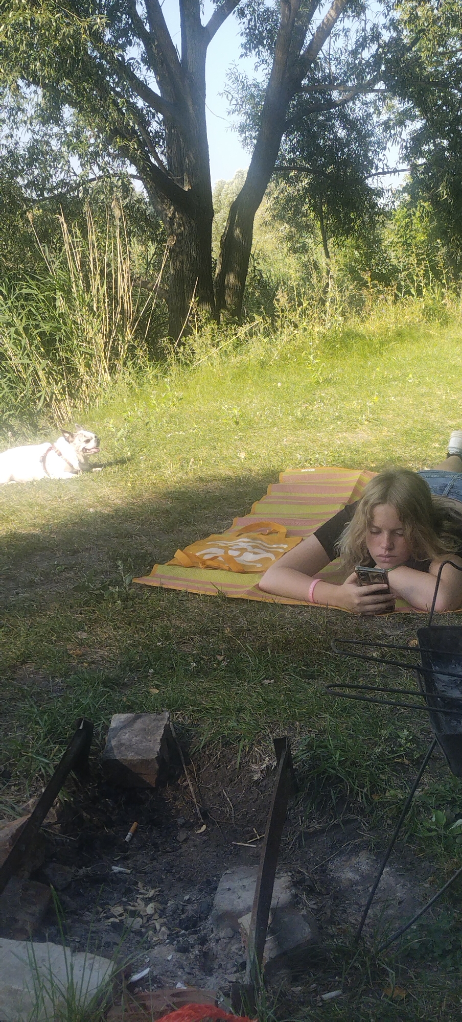 A young woman is lying on a striped mat on the grass, looking at her phone. She is wearing a black t-shirt and blue denim shorts, and a pink bracelet on her left wrist. To her left, a white dog with a harness is lying on the grass. In the foreground, a fire pit is visible, containing ashes and debris, including a cigarette butt. The background features a large tree with green foliage and other vegetation under a clear sky. The scene appears to be outdoors, possibly in a park or backyard.