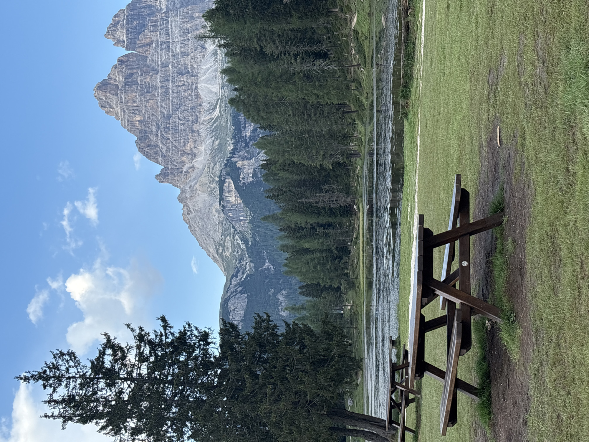 The image shows a scenic view of the Tre Cime di Lavaredo mountains in the Dolomites, near Auronzo di Cadore, Italy. In the foreground, there are two wooden picnic tables situated on a grassy area. A large evergreen tree is visible to the left, and a body of water, possibly a lake or pond, is in the middle ground, reflecting the sky. The background is dominated by the majestic, rugged peaks of the Tre Cime, with a dense forest of evergreen trees lining the slopes below. The sky is blue with scattered white clouds. The overall scene evokes a sense of tranquility and natural beauty, suggesting a popular spot for outdoor recreation and enjoying the mountainous landscape.