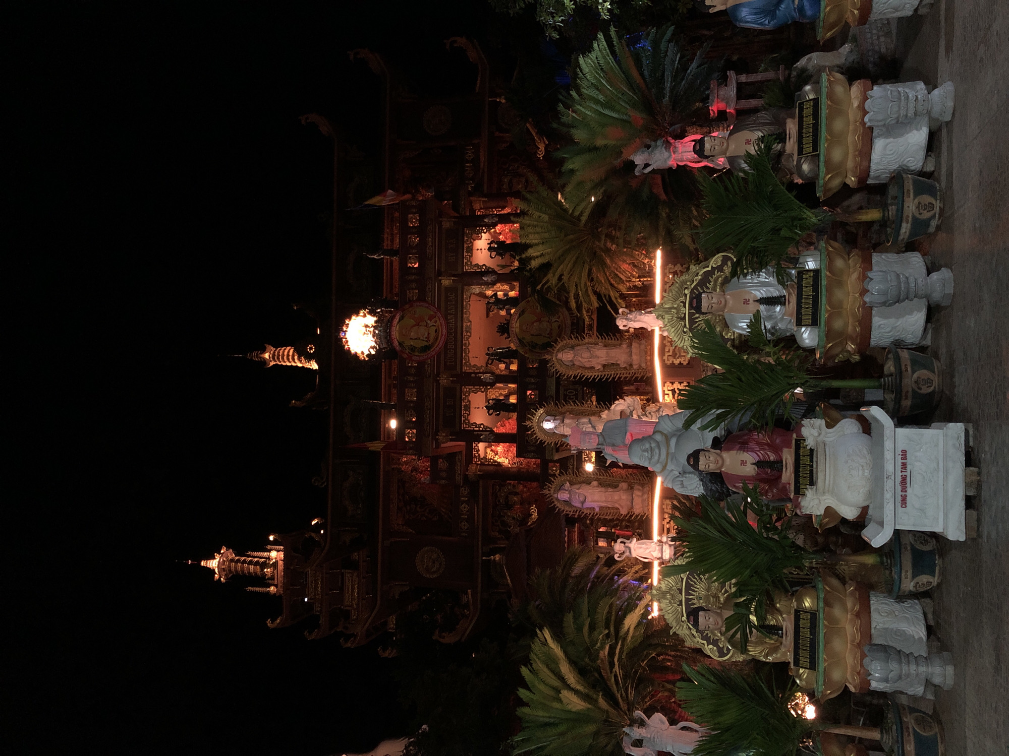 In the city of Mũi Né, Vietnam, at night, a brightly illuminated Buddhist temple stands with elaborate architecture. In the foreground, multiple statues of Buddha are positioned on decorative pedestals, flanked by palm trees. One statue of Buddha is dressed in a red robe, while others are in gold and silver. A large, smiling statue of a rotund figure, possibly a different deity or a representation of abundance, is visible behind the Buddha statues. The temple facade is adorned with intricate carvings and glowing lights. The scene is set against a dark night sky.
