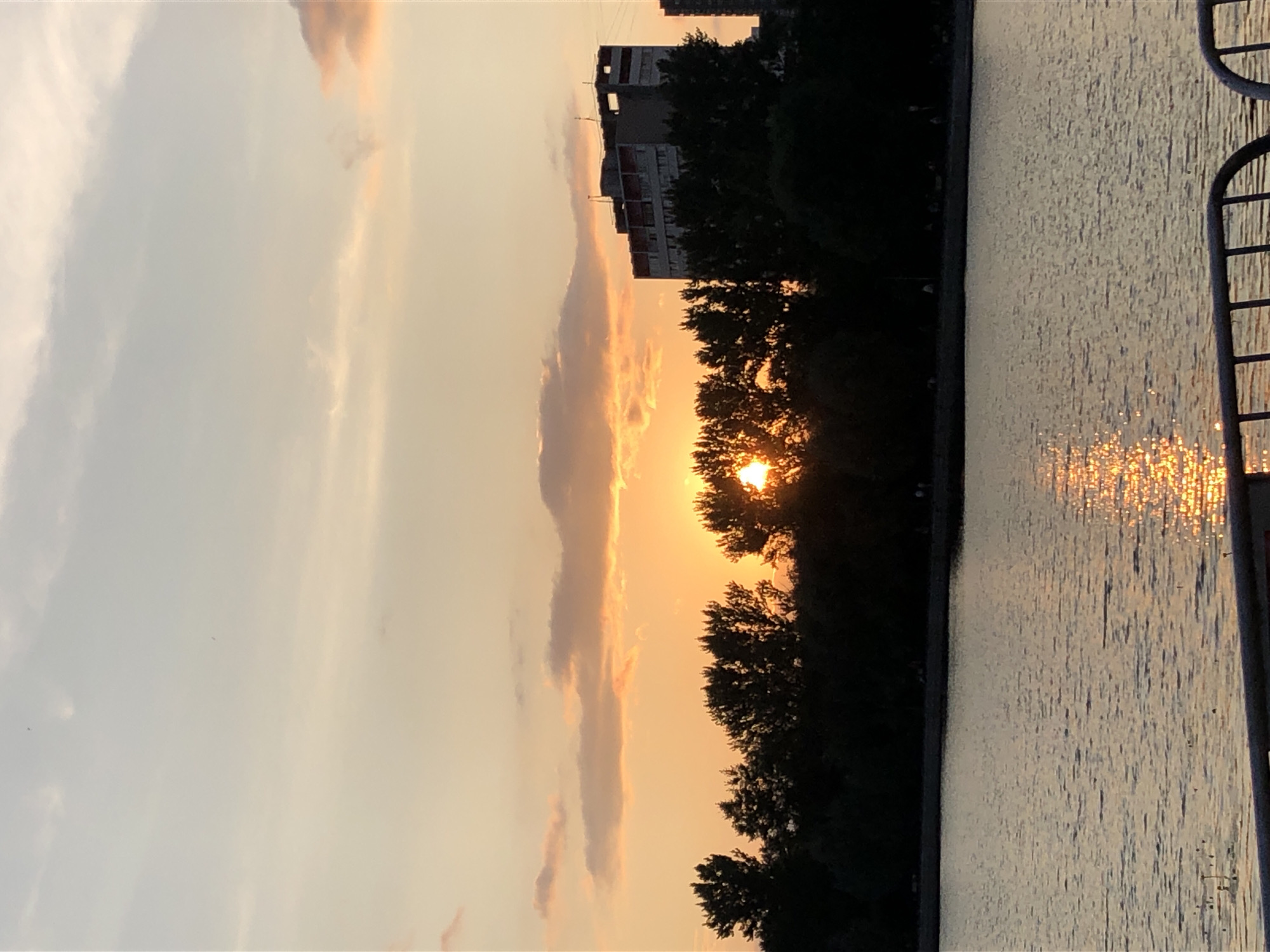 The image depicts a sunset over a body of water, likely a reservoir, with trees and buildings in the background. The sun is partially obscured by trees, casting a warm, orange glow across the sky and reflecting on the water. The silhouette of a residential building, possibly apartment blocks, is visible on the right side of the image, suggesting an urban setting. The foreground shows a railing, implying the vantage point is from a walkway or a pier. The overall scene is serene and atmospheric, characteristic of a twilight setting in a city park or waterfront area. This scene is consistent with locations around the Khimki Reservoir in Khimki, Russia, which is known for its recreational areas and scenic views.