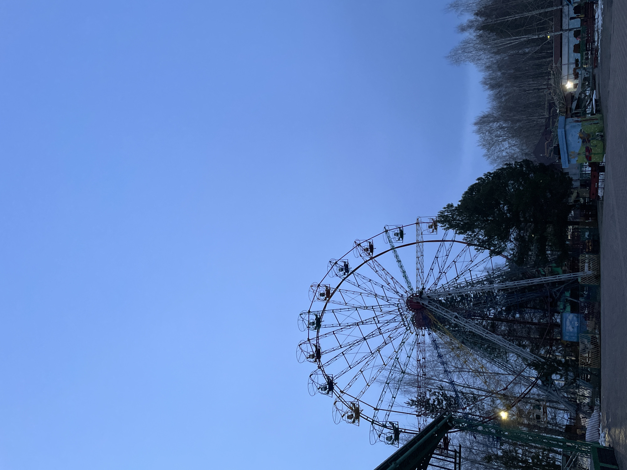 The image shows a Ferris wheel at dusk in Chaikovsky, Russia. The wheel is a prominent feature, partially visible against a blue sky. Trees and buildings are present in the background. The image appears to be taken from a low angle. No people are visible.