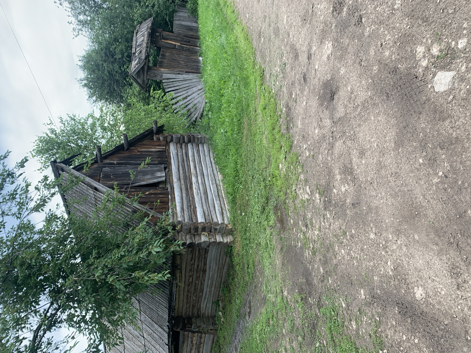 The image shows a rustic wooden building with a corrugated metal roof, situated amidst lush greenery. To the right of the building, there is a wooden fence with an arched gate. The ground in front of the building is a dirt path with patches of grass and some puddles. The scene suggests a rural setting in Barsai, Russia.