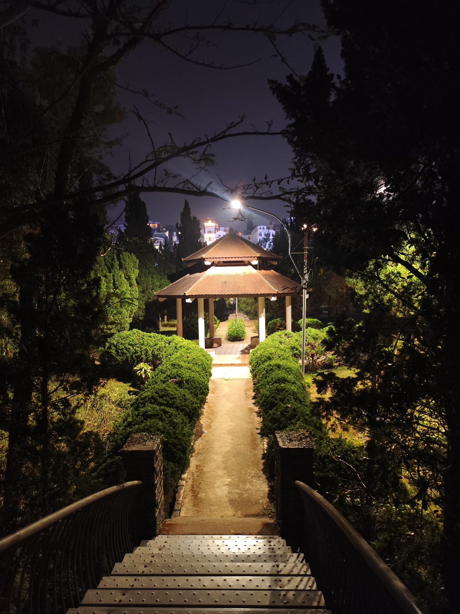 The image depicts a pathway leading to a pagoda-style structure within a garden setting at night. The foreground shows metal stairs with railings, descending into the scene. The path is lined with manicured hedges, leading directly to the illuminated pagoda. Beyond the pagoda, in the distance, are buildings suggestive of a city skyline under a dark sky. A lamppost is visible near the pagoda, contributing to the illumination. Trees flank both sides of the pathway, framing the central view. This is likely situated within Da Lat, Vietnam, given the architectural style of the pagoda and the surrounding landscape.