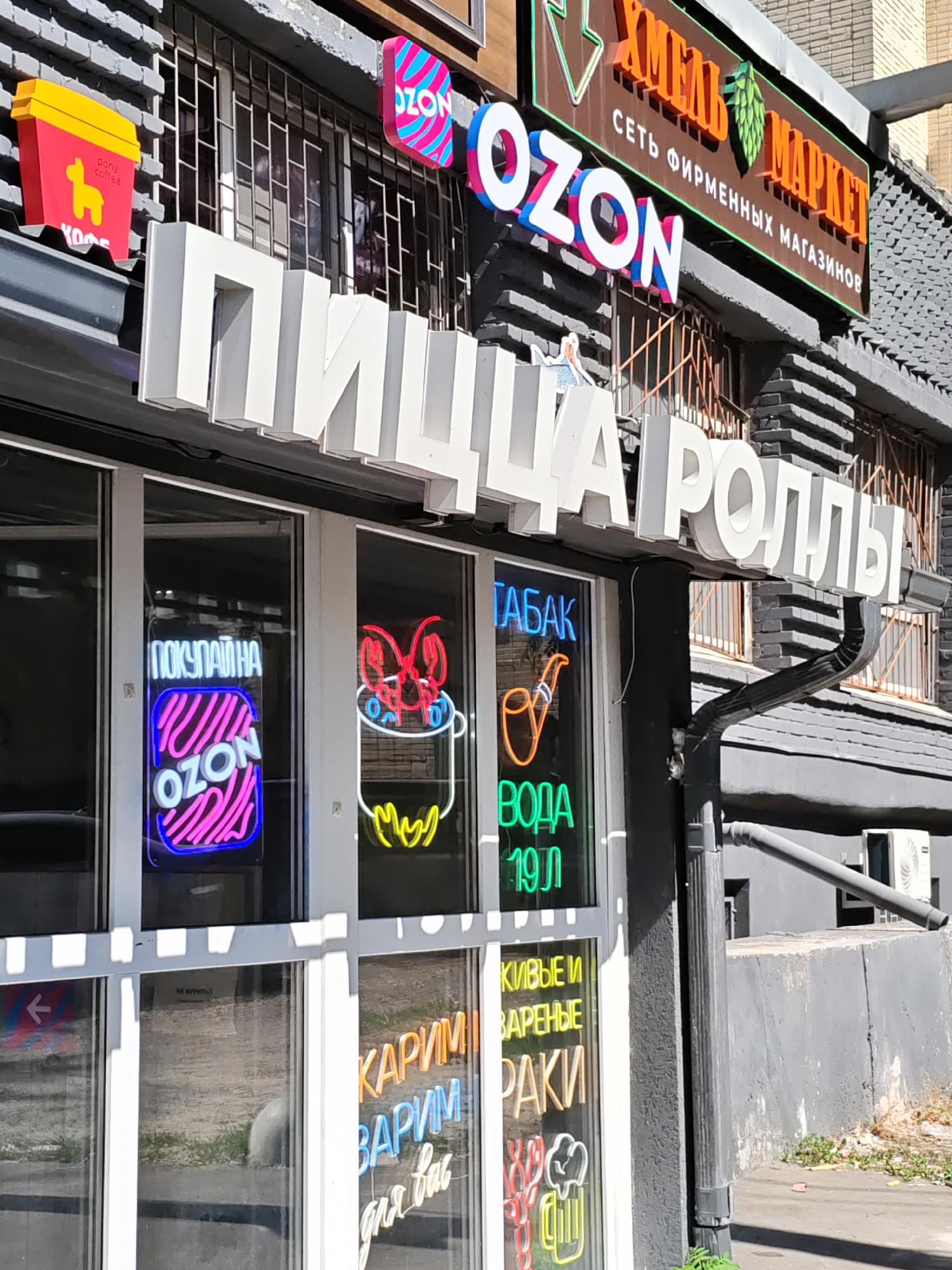 The image shows the facade of a store with several signs. A large white sign with the Cyrillic text "ПИЦЦА РОЛЛЫ" (Pizza Rolls) is mounted above the entrance. To the left, a red and yellow sign shaped like a coffee cup with the text "pony coffee" is visible. Above the entrance, a neon sign displays "OZON" in pink and blue. Further to the right, another neon sign reads "ХМЕЛЬ МАРКЕТ" (Hops Market) with the text "СЕТЬ ФИРМЕННЫХ МАГАЗИНОВ" (Chain of branded stores) below it. The store windows also feature neon signs, including one that says "ПОКУПАЙ НА OZON" (Buy on OZON) and another with a red lobster graphic. Another window displays "ТАБАК" (Tobacco) and "ВОДА 19Л" (Water 19L) in green neon. The building exterior is made of dark brick. The ground in front of the store is paved, and some greenery is visible. The scene is consistent with a commercial area in Rostov-on-Don, Russia, given the Cyrillic text and architectural style. No people are visible in the image.