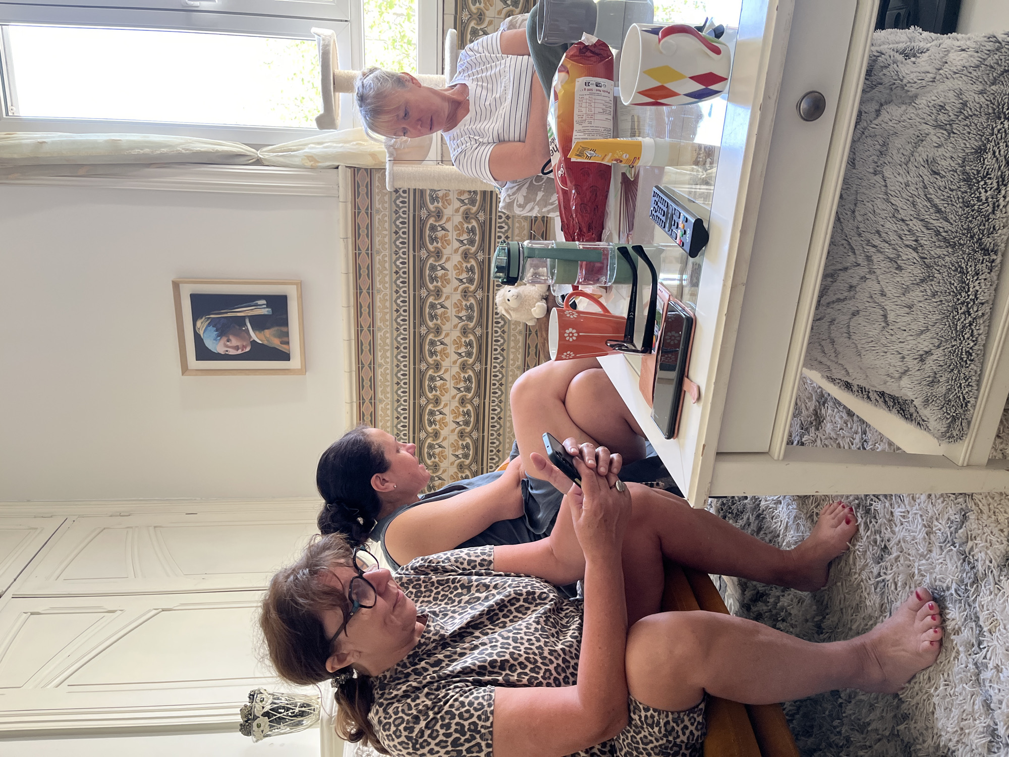 A medium indoor shot features three women and a table laden with objects. Two of the women are seated on chairs, likely in a living room, facing the camera. The woman closest to the camera is wearing a leopard print top and glasses, holding a mobile phone. Behind her, another woman is seated, wearing a gray top and holding a mobile phone. A third woman stands behind a cluttered table, facing left, wearing a striped shirt. The table is covered with items including mugs, a bag of food, and various other objects. On the wall to the left is a painting and further back, the top of a white cabinet can be seen. A window provides light at the top of the image. The location is likely a residence in Montélimar, France.