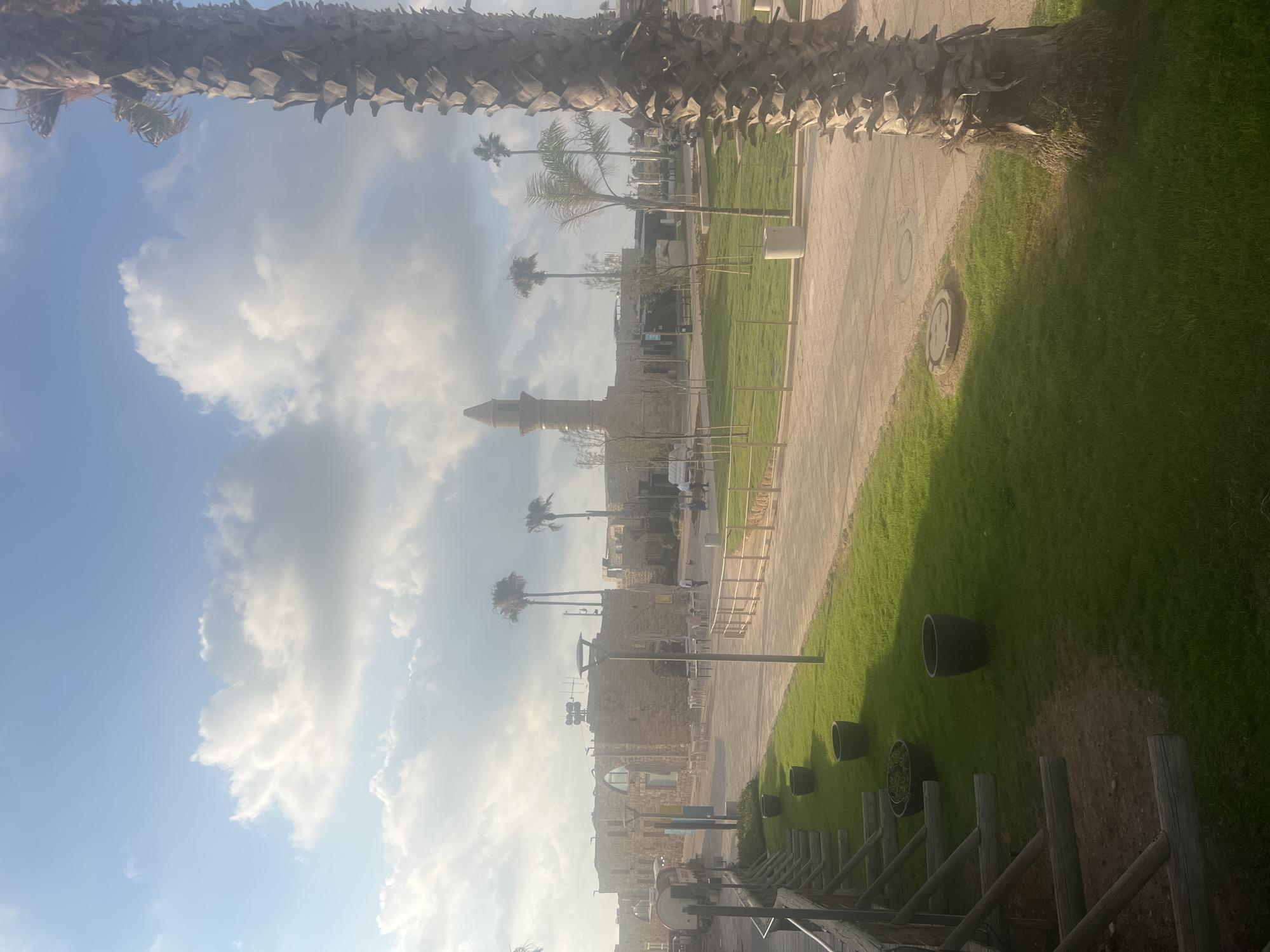 The image depicts a sunlit scene in a public area, likely a promenade or park, situated in the city of Hof HaCarmel Regional Council, Israel. A prominent palm tree stands in the foreground to the right, its textured trunk and fronds silhouetted against a sky filled with scattered clouds. The background reveals a low-rise architectural complex constructed of stone, with several palm trees scattered throughout the area. A tall, slender minaret-like structure rises from behind the buildings, indicating a possible religious or historical landmark. A paved walkway curves through the scene, bordered by a well-maintained grassy area with several dark, rounded planters. Wooden fencing or railings line the left side of the image, partially obscuring a patch of sandy ground. A few individuals are visible in the distance, walking or standing near the buildings. The overall impression is one of a tranquil, well-kept outdoor space bathed in the warm light of what appears to be late afternoon.