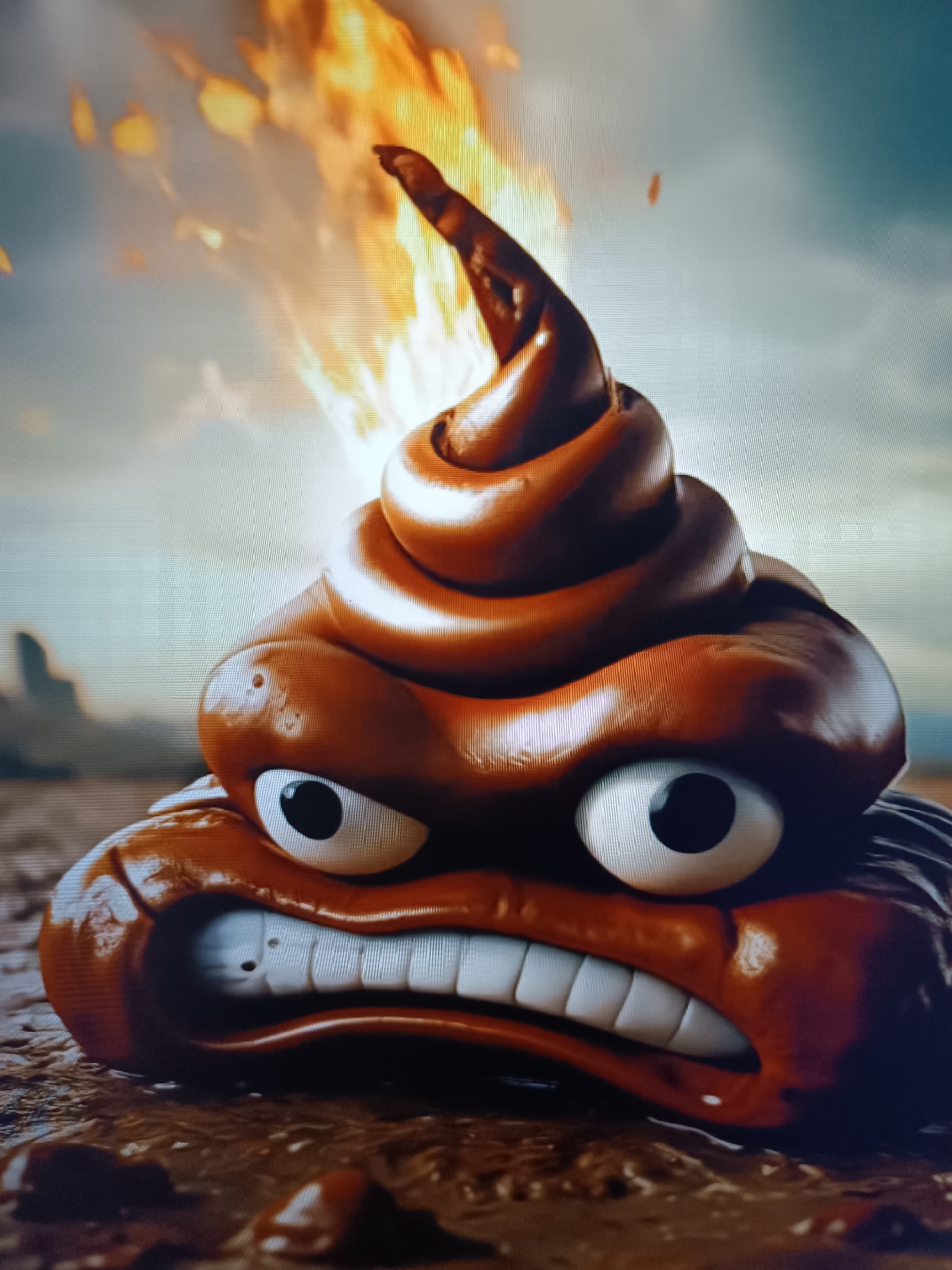 The image depicts a cartoonish, anthropomorphic pile of feces with an angry expression. It is situated in a dry, desolate landscape, possibly a desert or barren plain, with a rocky formation in the background. Flames are visible in the upper left corner, suggesting a fiery element to the scene. The subject is rendered in a glossy, reddish-brown material and appears to be in the midst of a pile of similar material, suggesting its natural environment. There is no indication of the city of Taraz, Kazakhstan, or any urban elements within the image.